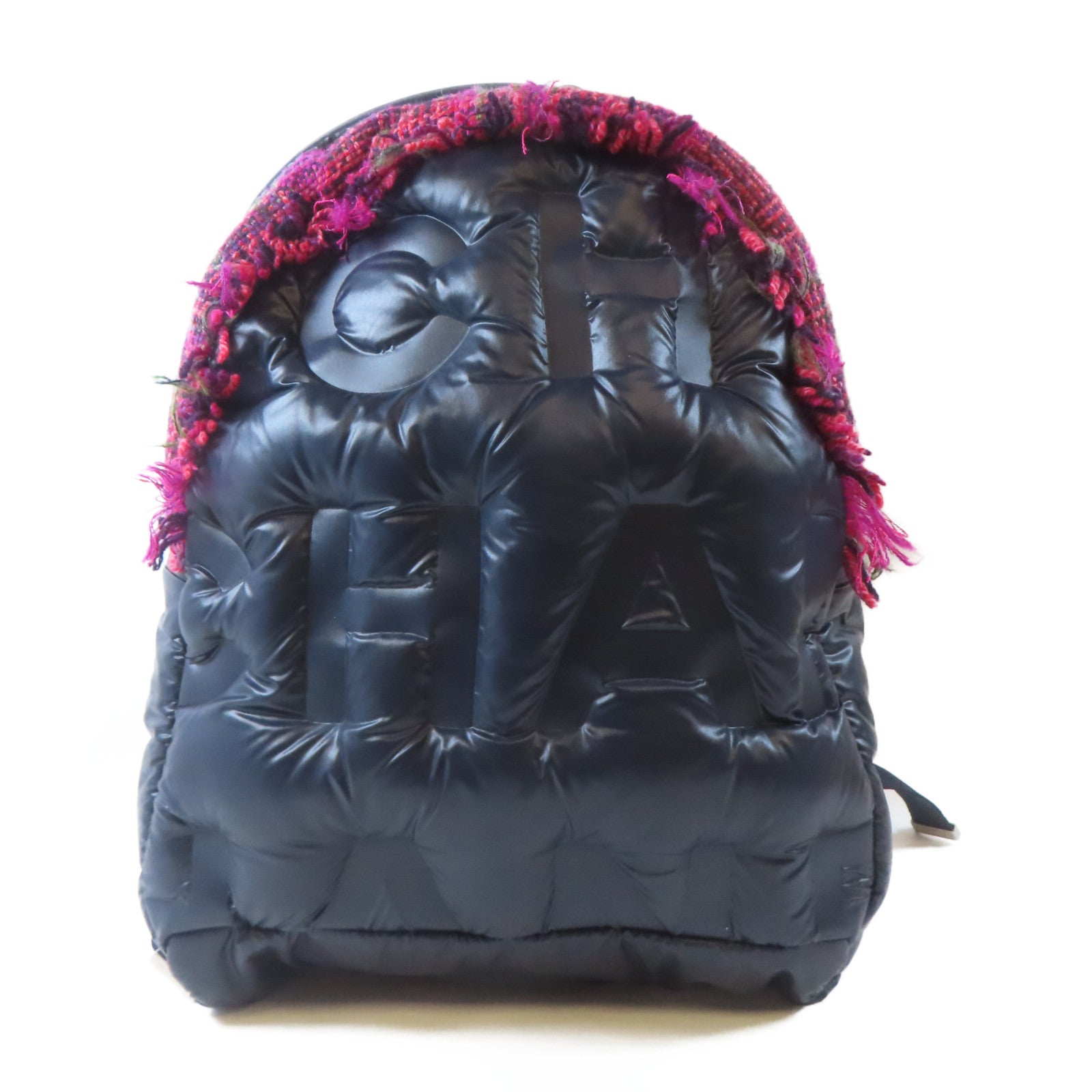 CHANEL 【激減優惠】尼龍/斜紋軟呢Backpack銀扣背包深藍色/粉紅色