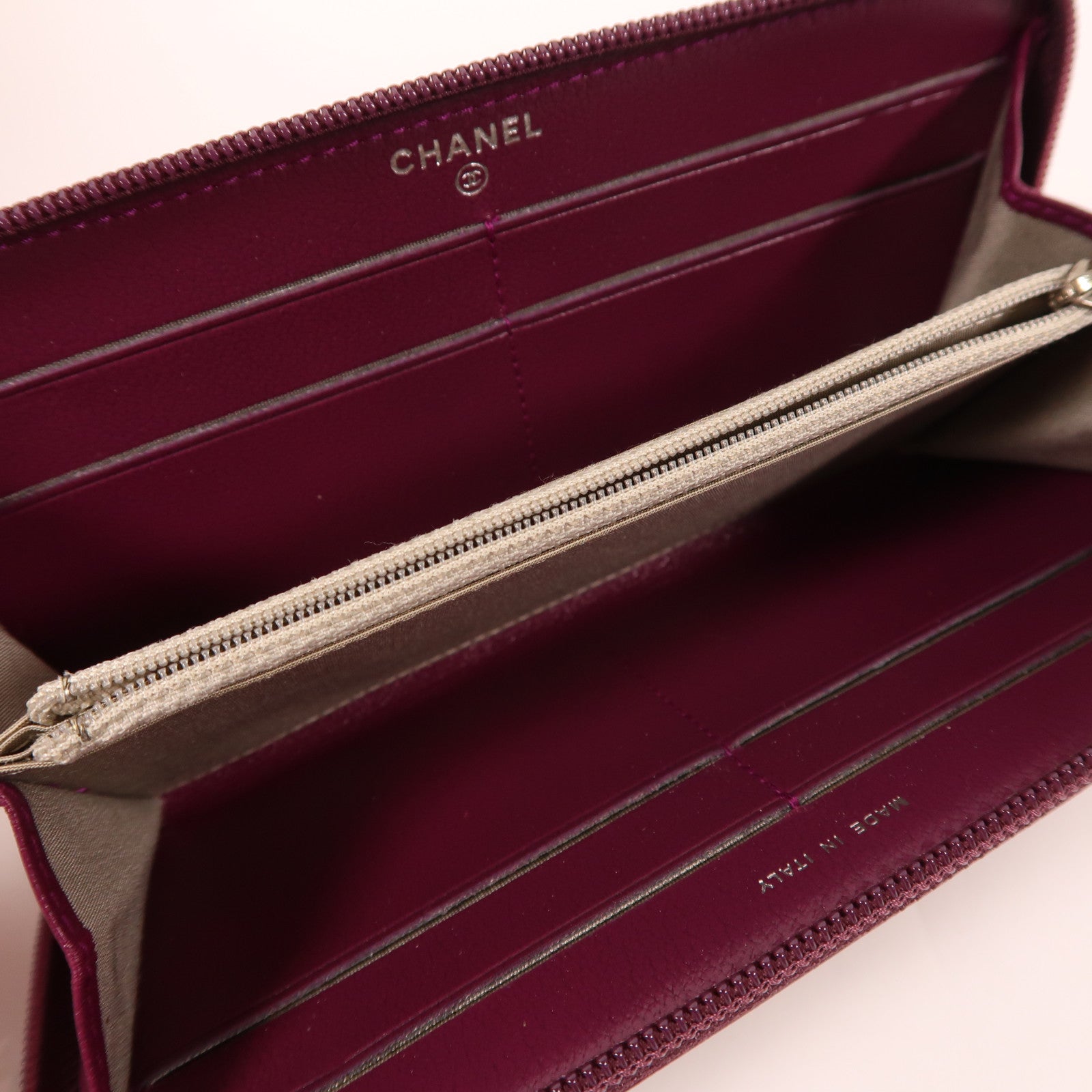 CHANEL 牛皮皮革Zipper Long Wallet銀扣長錢包紫色
