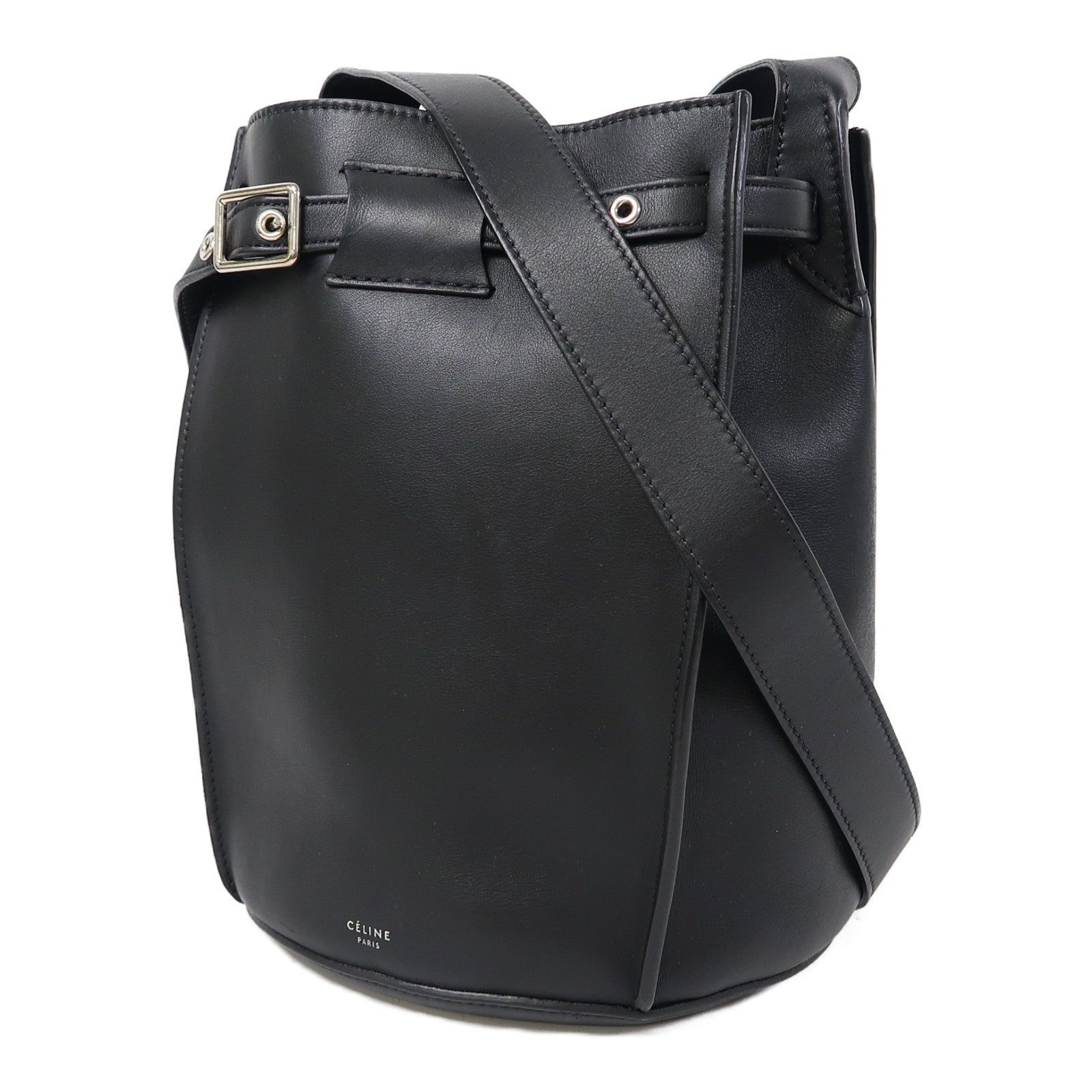 CELINE 牛皮皮革Big Bag Bucket銀扣肩背袋黑色