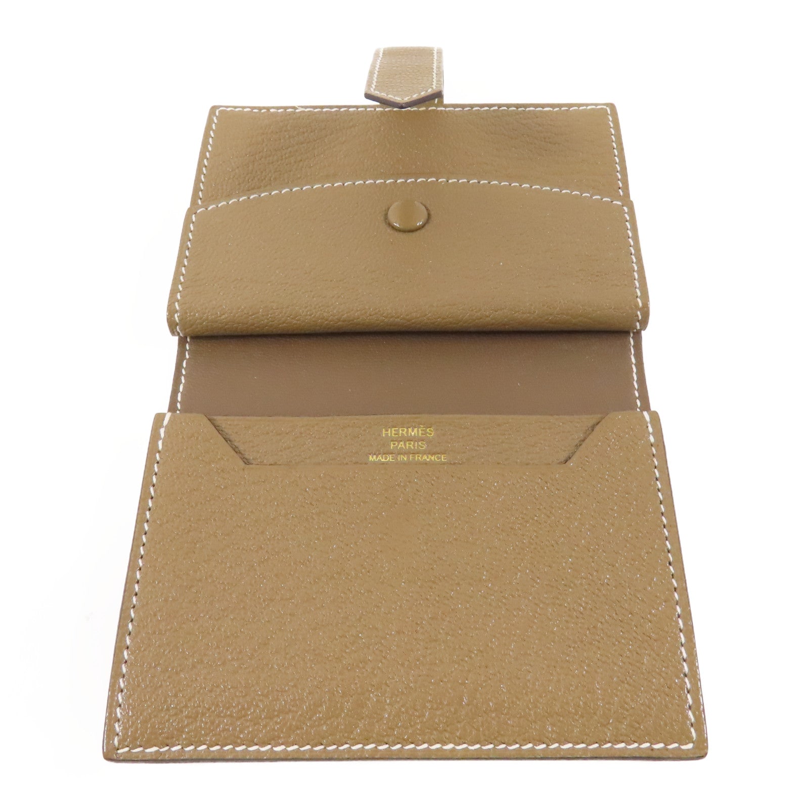 HERMES Chevre皮革Bearn Mini Wallet金扣錢包Etoupe