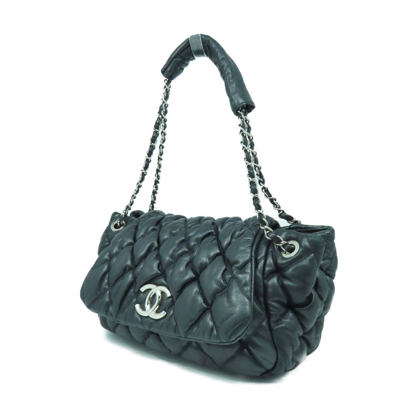 CHANEL 【激減優惠】菱格牛皮皮革Shoulder Bag銀扣鏈帶肩背袋黑色