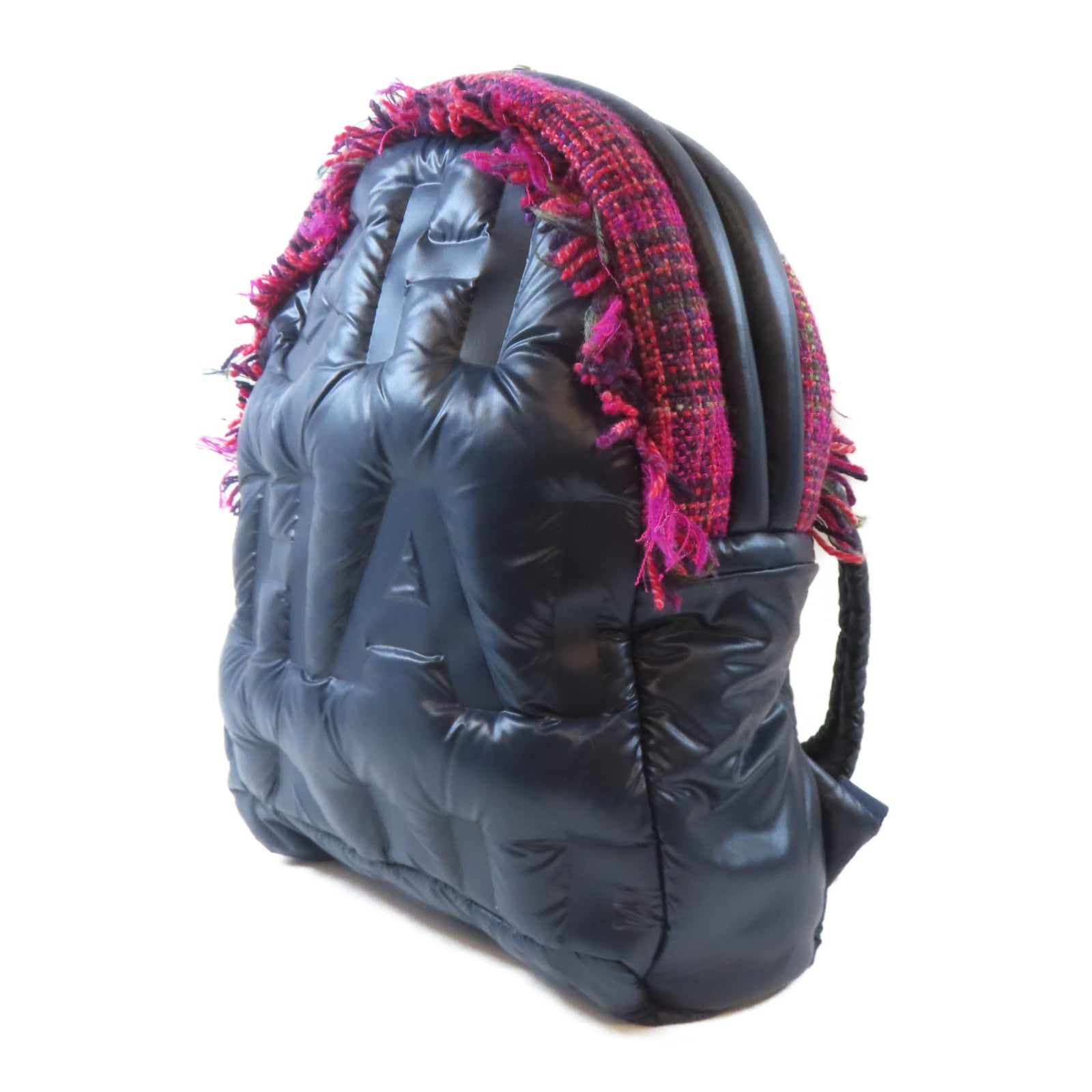 CHANEL 【激減優惠】尼龍/斜紋軟呢Backpack銀扣背包深藍色/粉紅色
