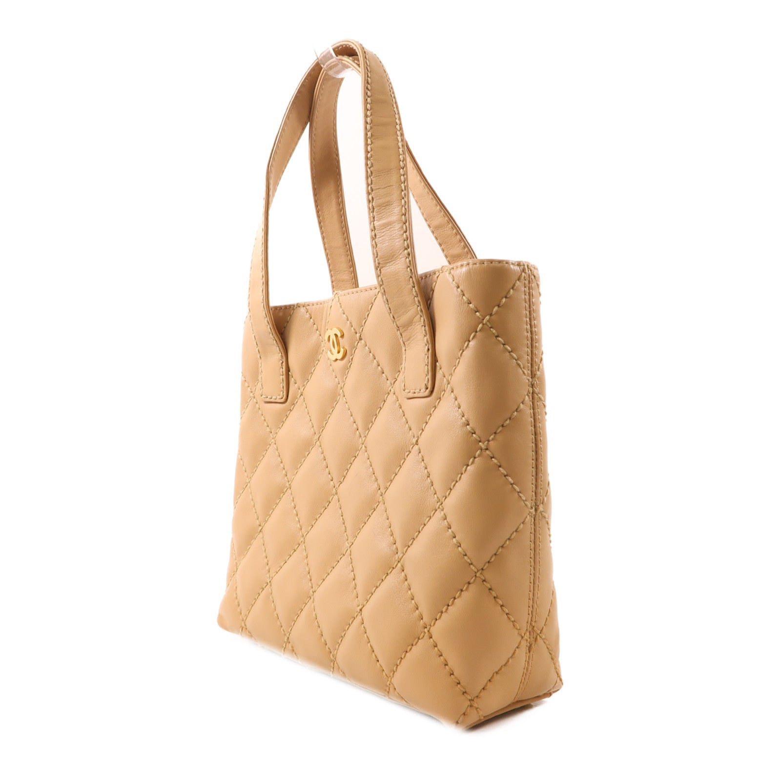 CHANEL 菱格牛皮皮革Tote Bag金扣手挽袋米色