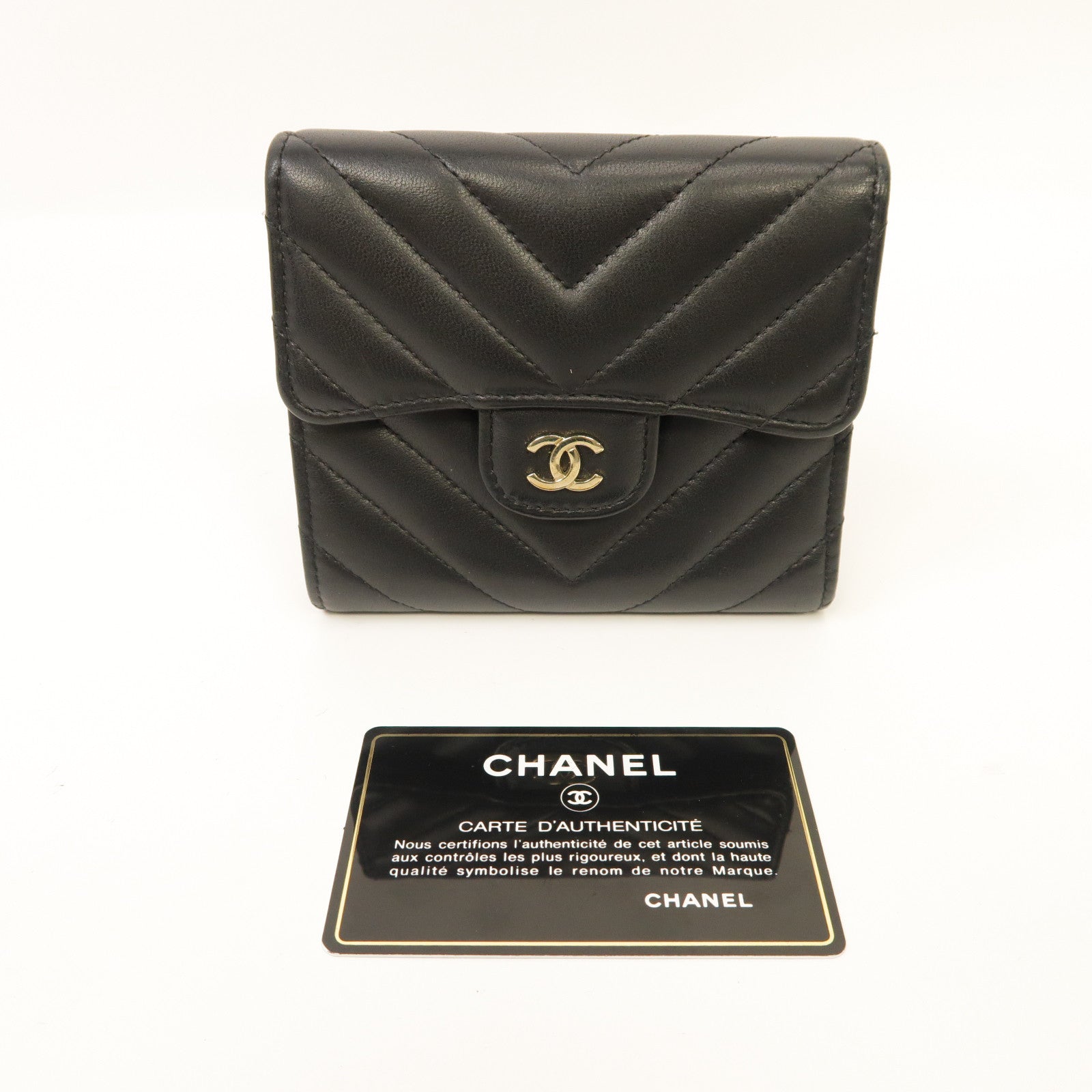 CHANEL 斜紋羊皮皮革Wallet金扣錢包黑色