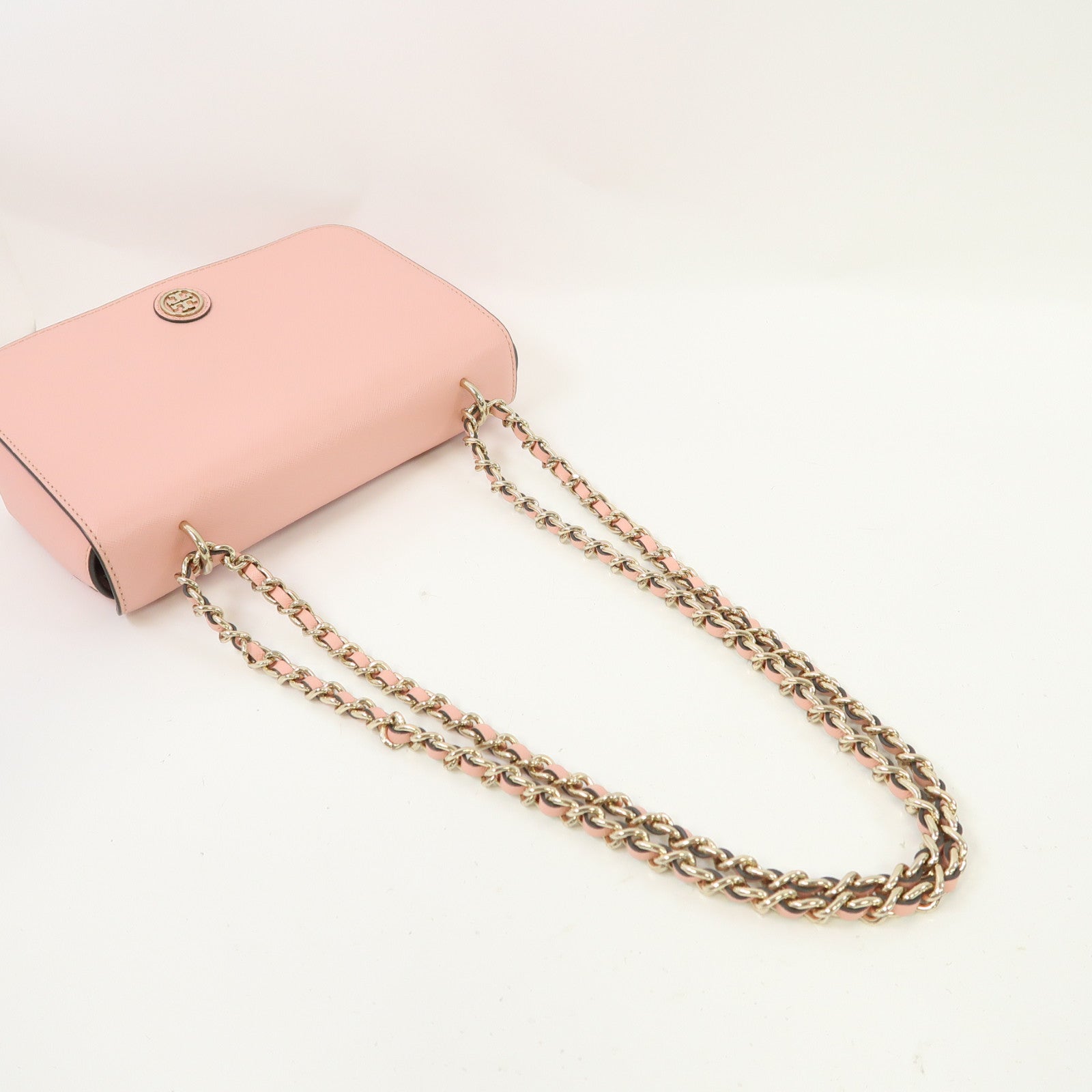 Tory Burch 牛皮皮革Chain Shoulder金扣鏈帶肩背袋粉紅色