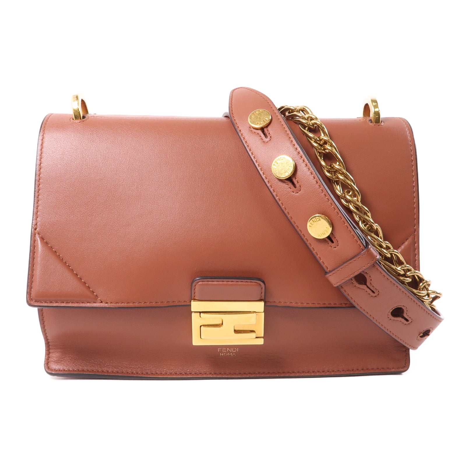 FENDI 牛皮皮革2Way Shoulder金扣手挽肩背兩用袋棕色