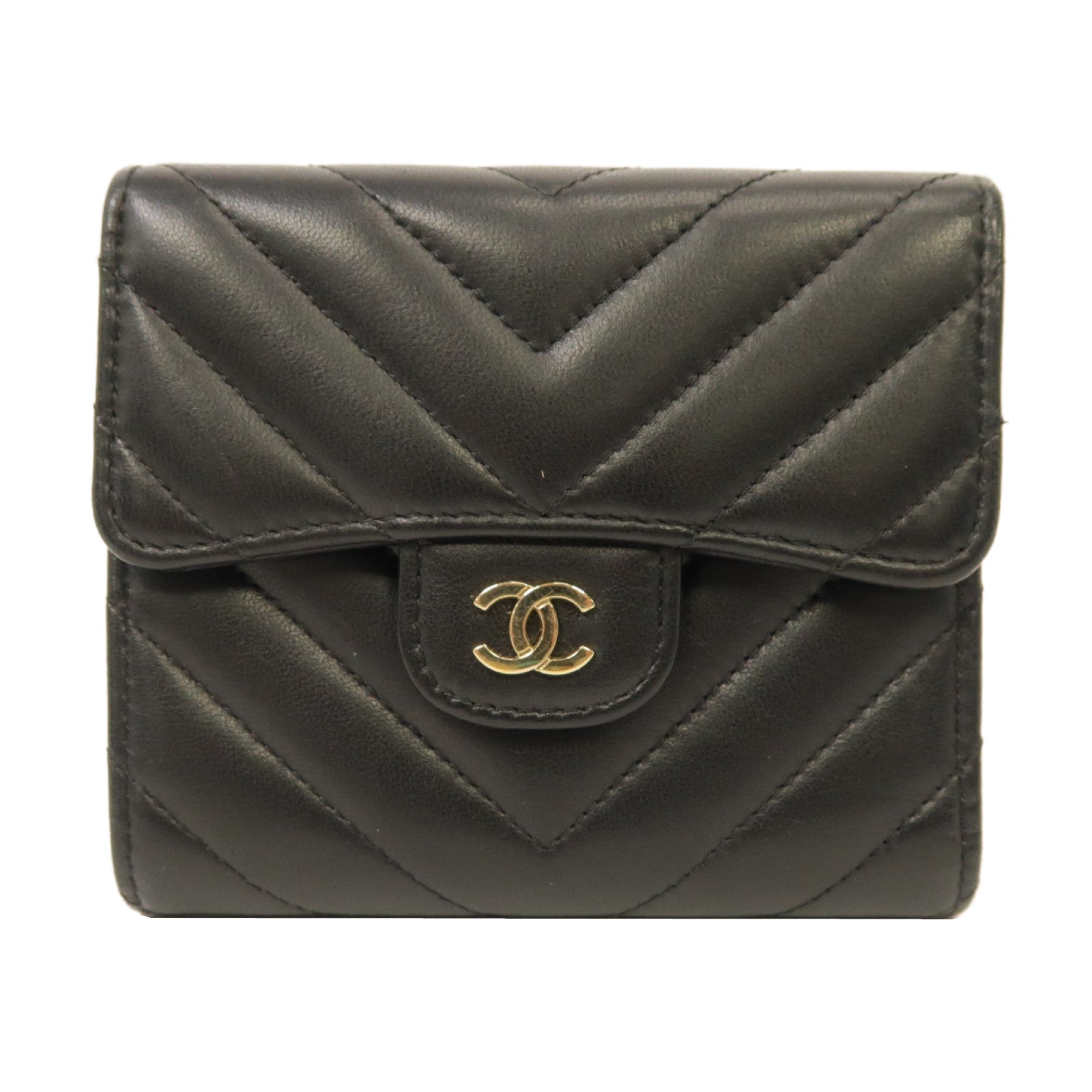 CHANEL 斜紋羊皮皮革Wallet金扣錢包黑色