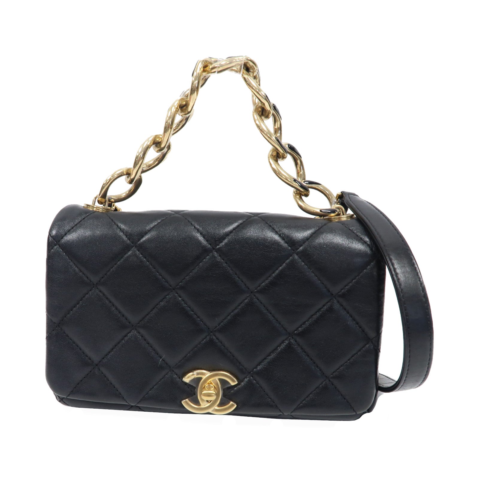 CHANEL 菱格羊皮皮革2 Way Shoulder Bag金扣手挽肩背兩用袋黑色