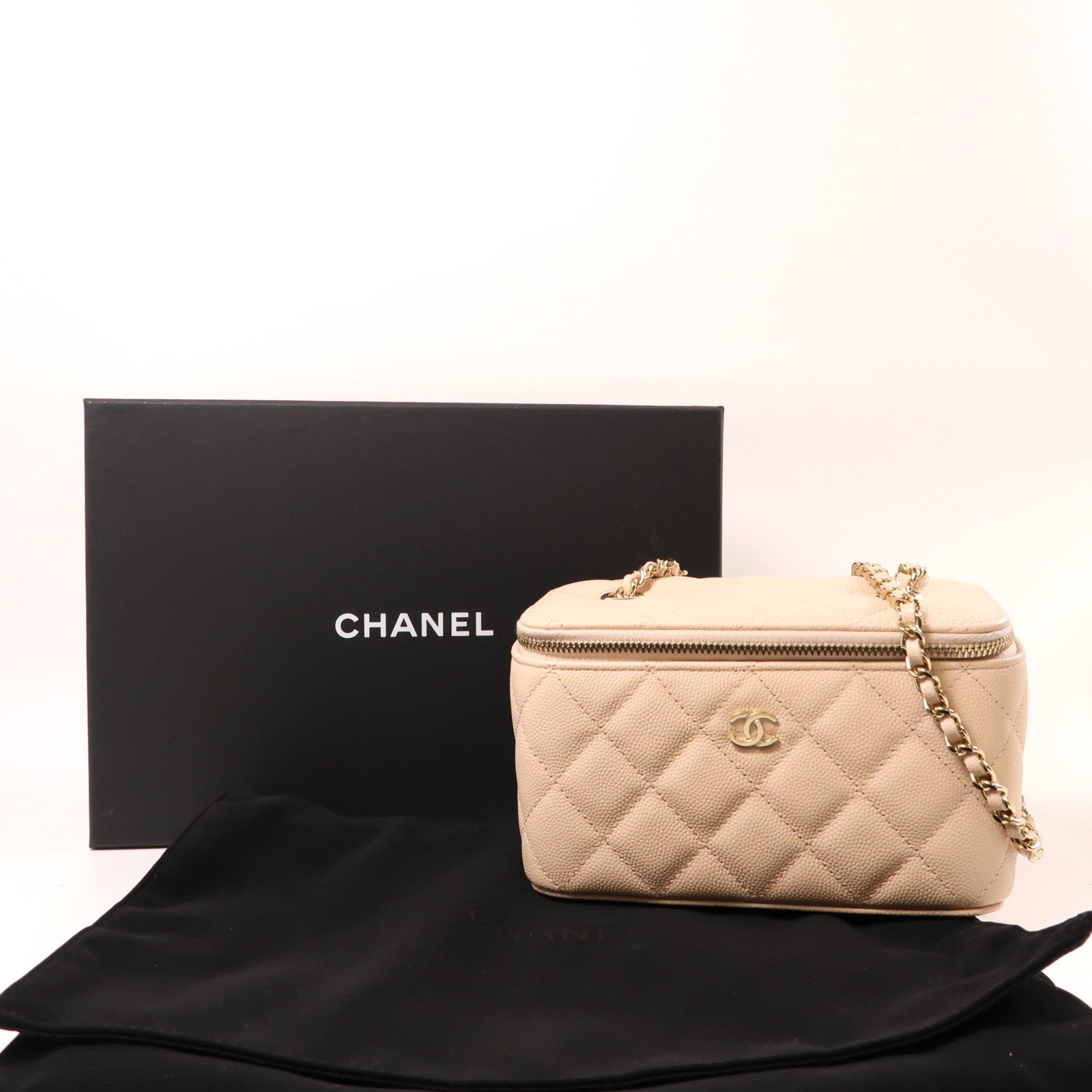 CHANEL 牛皮皮革Vanity Case金扣鏈帶肩背袋粉紅色