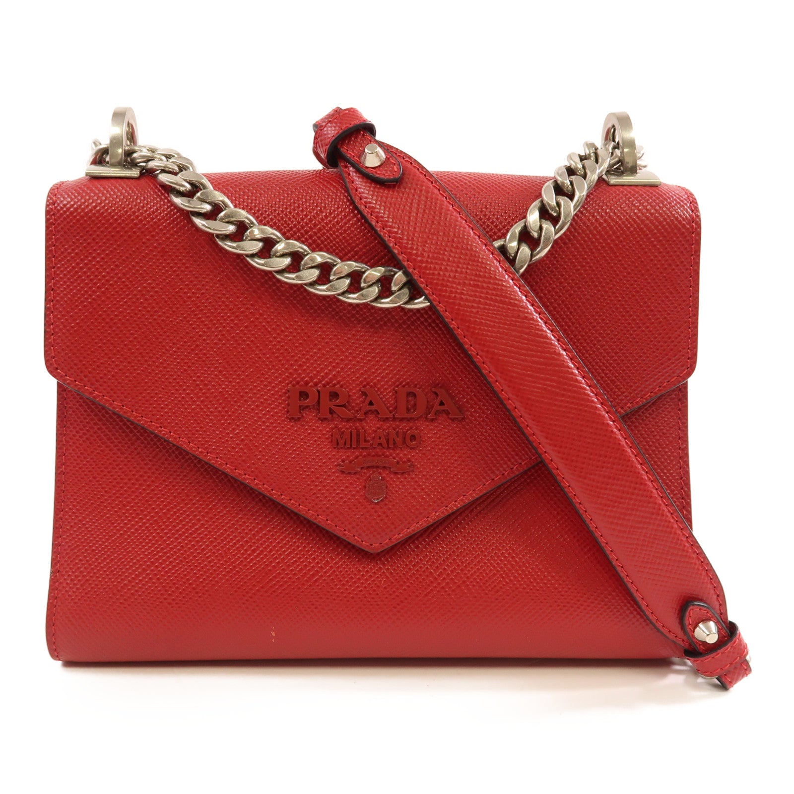 PRADA 牛皮皮革Chain Shoulder Bag銀扣鏈帶肩背袋