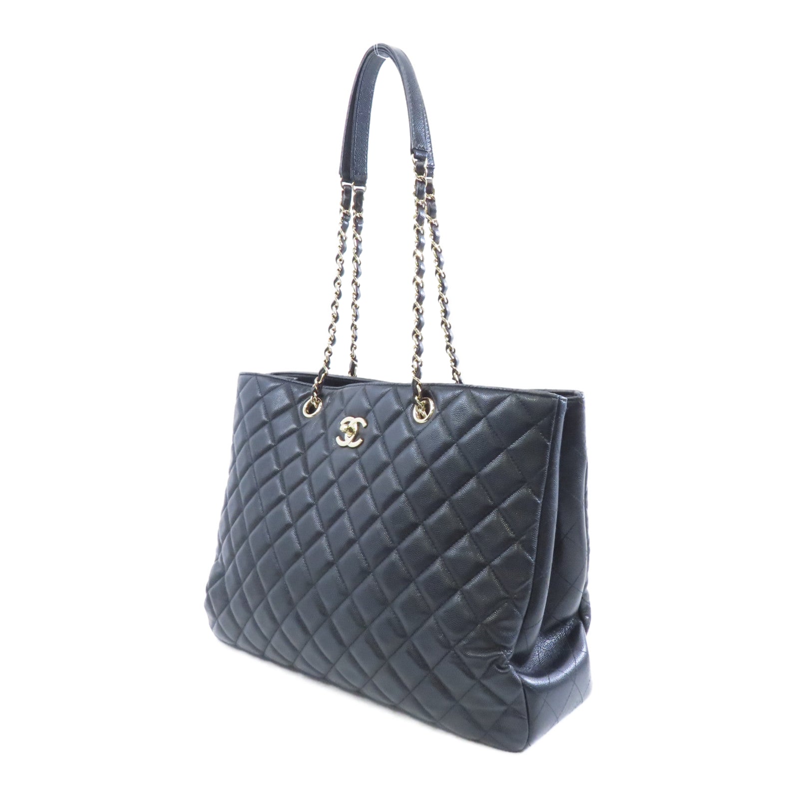 CHANEL 菱格Caviar皮革Chain Shoulder金扣鏈帶肩背袋黑色