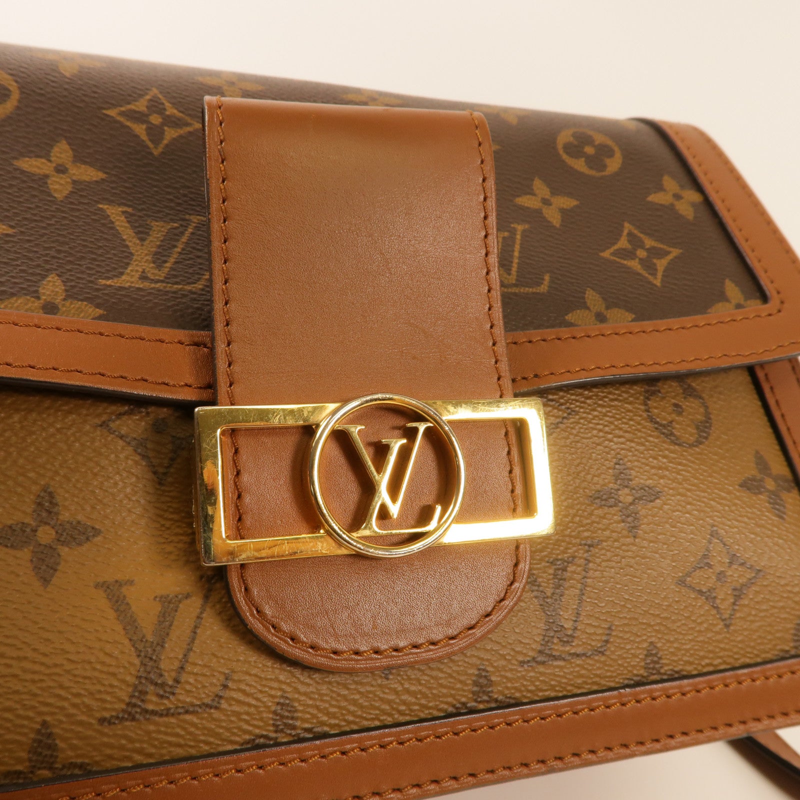 LOUIS VUITTON Monogram/Monogram Reverse Dauphine MM金扣手挽肩背兩用袋棕色