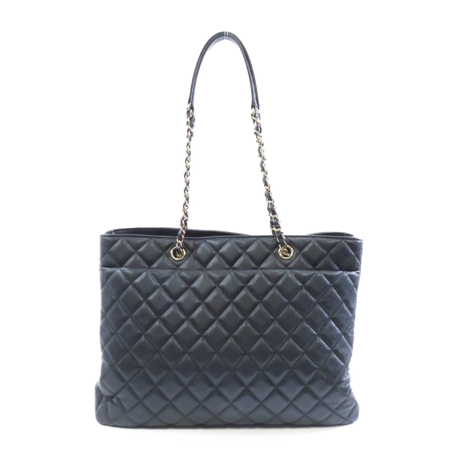 CHANEL 菱格Caviar皮革Chain Shoulder金扣鏈帶肩背袋黑色