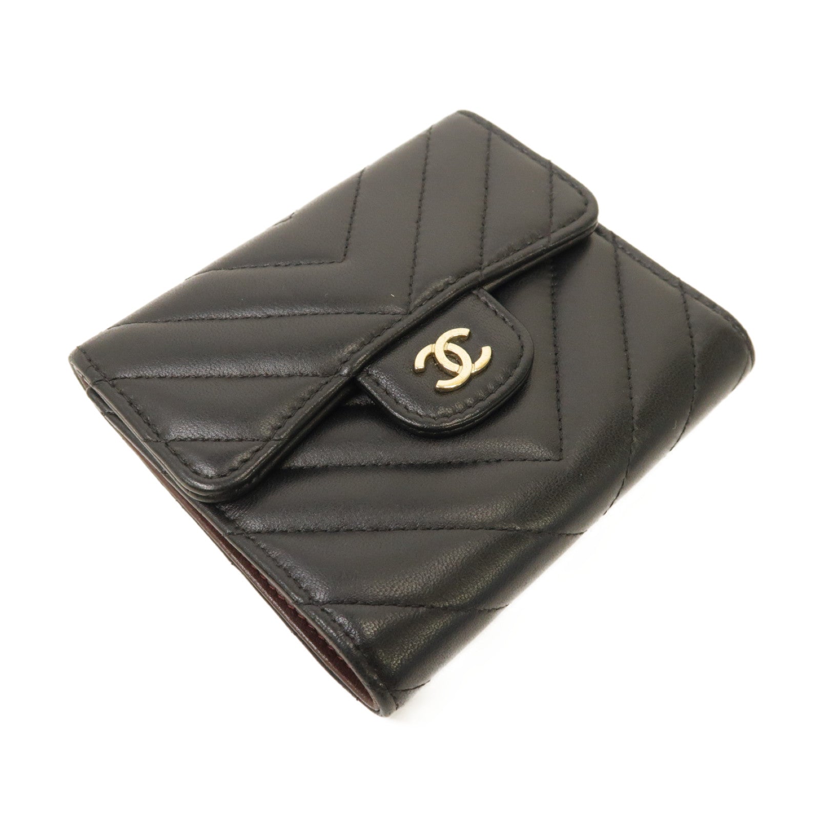CHANEL 斜紋羊皮皮革Wallet金扣錢包黑色