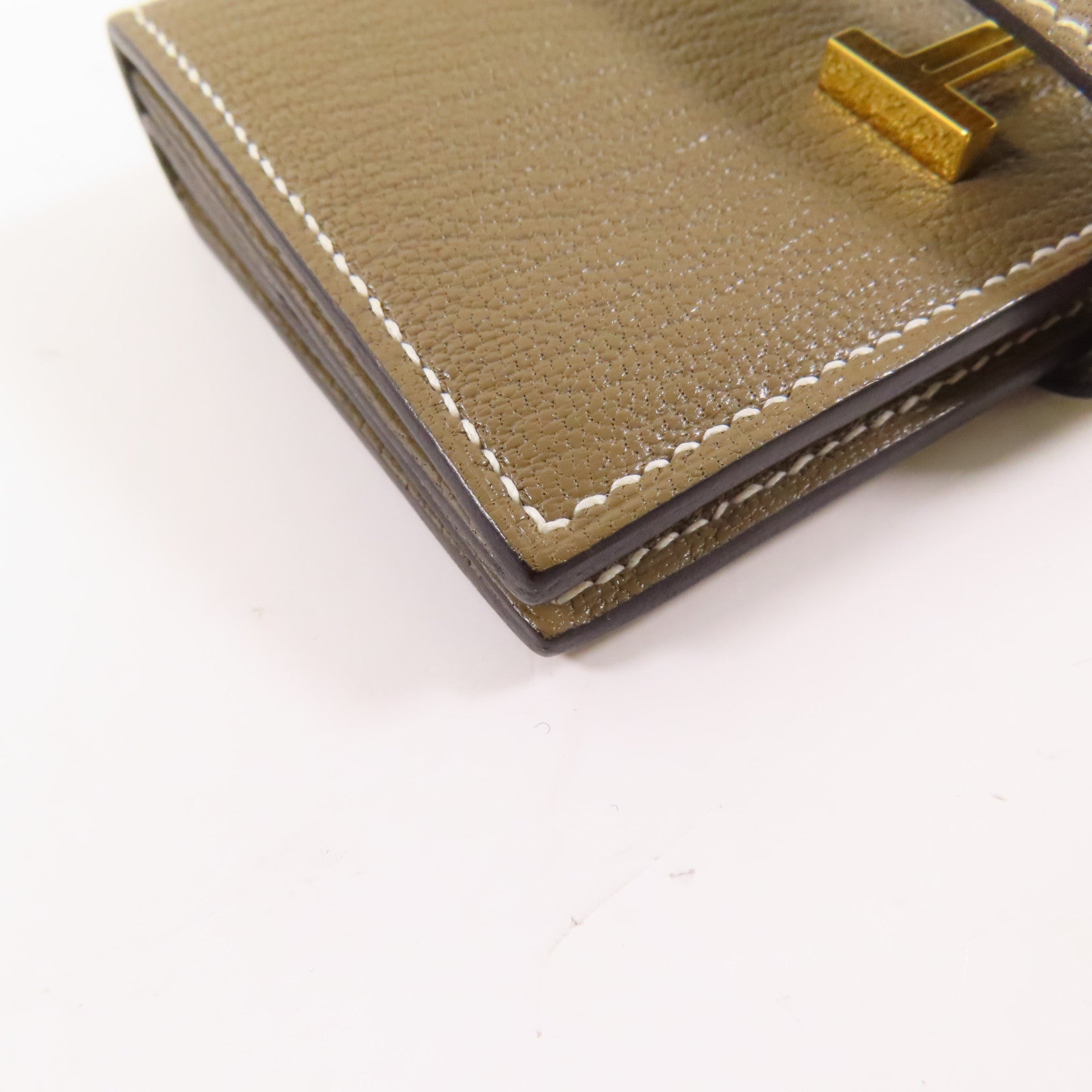 HERMES Chevre皮革Bearn Mini Wallet金扣錢包Etoupe