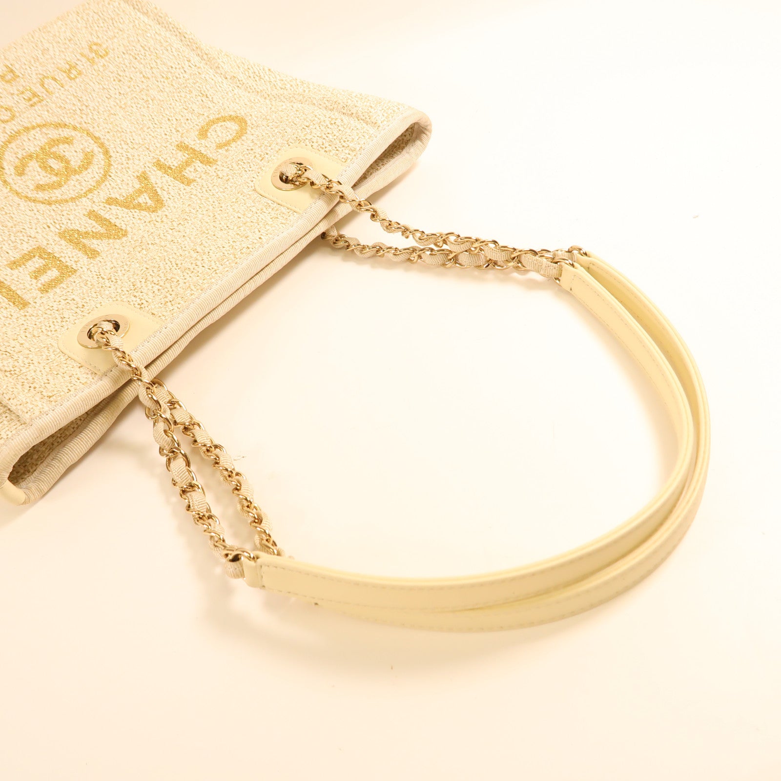 CHANEL 帆布Tote Bag金扣鏈帶肩背袋