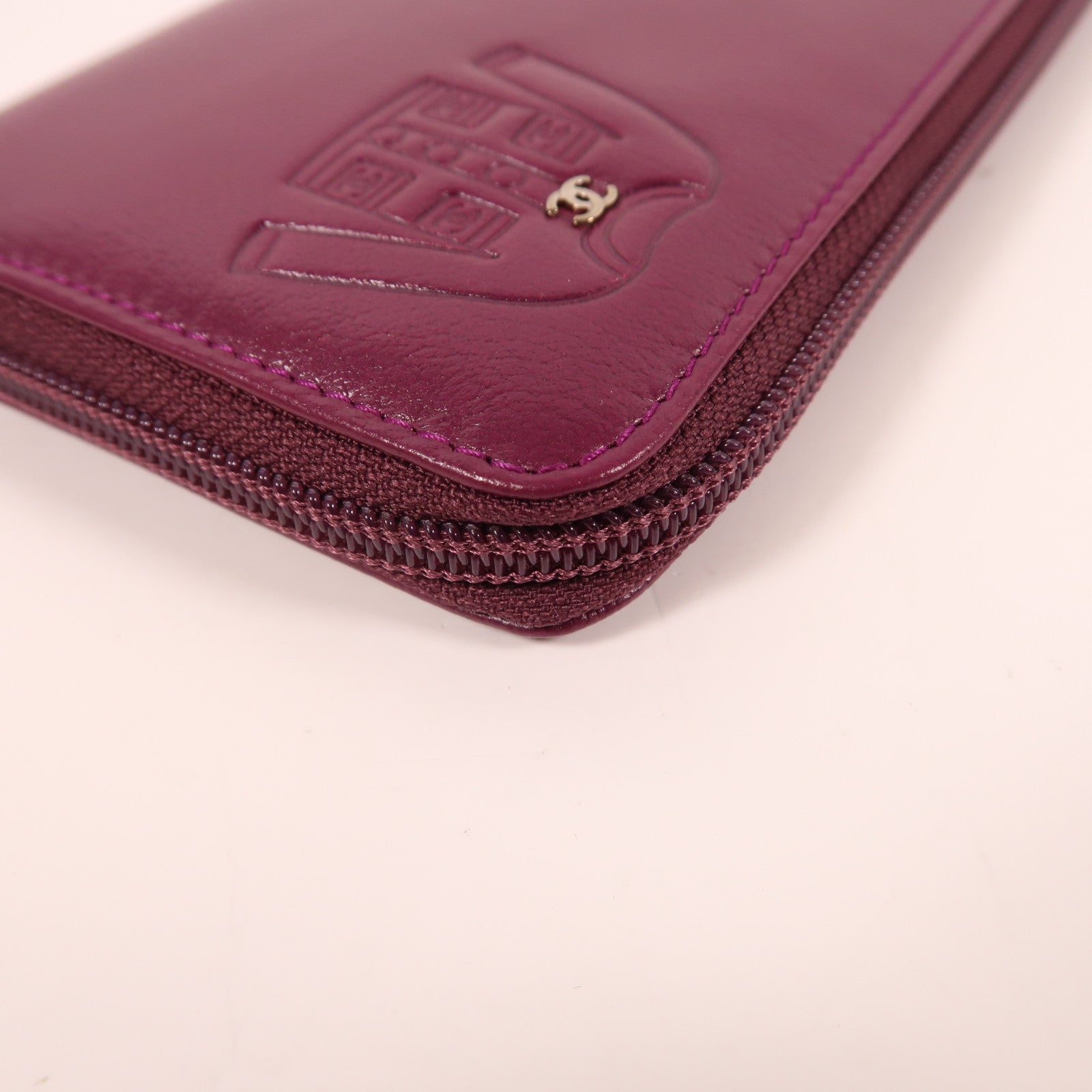 CHANEL 牛皮皮革Zipper Long Wallet銀扣長錢包紫色