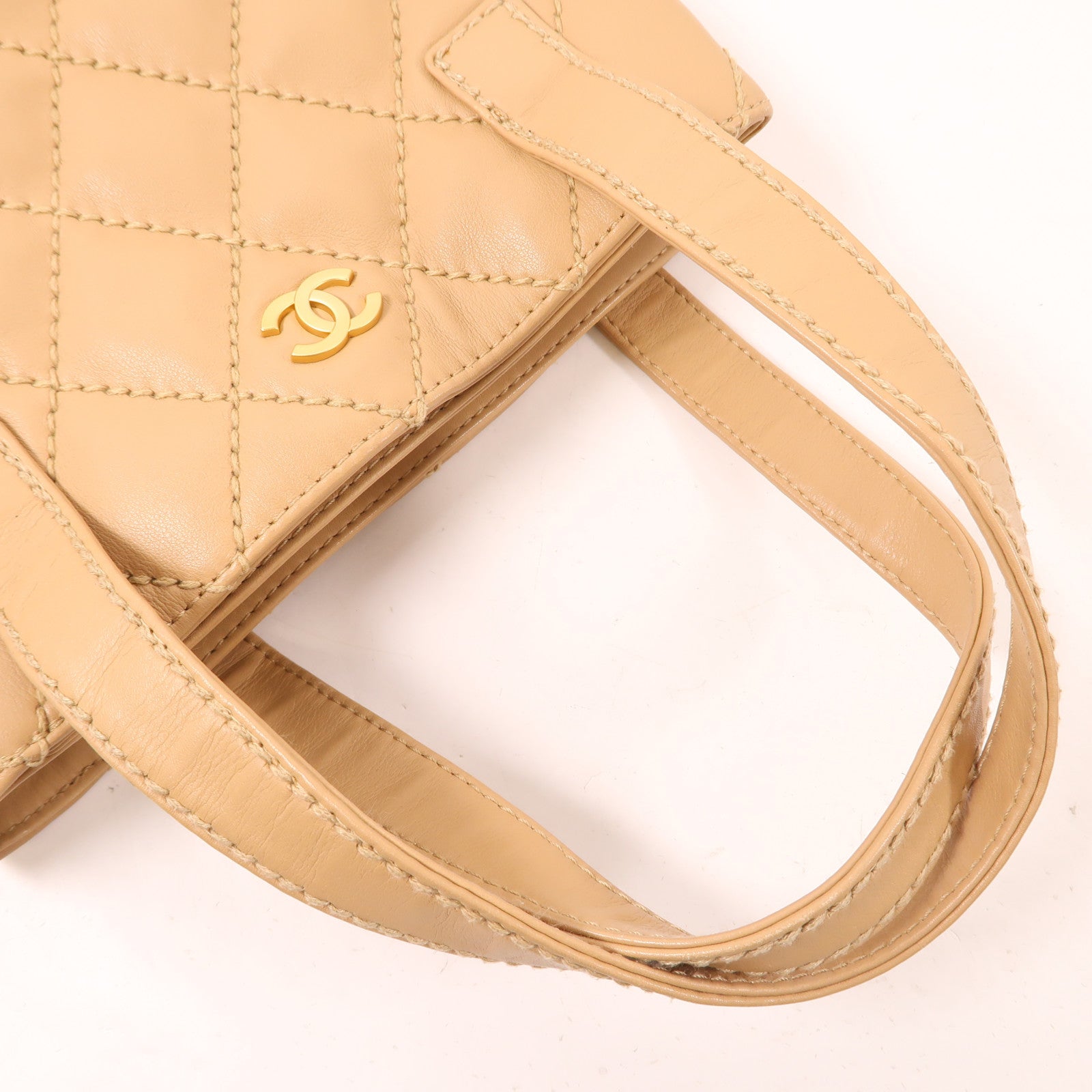 CHANEL 菱格牛皮皮革Tote Bag金扣手挽袋米色