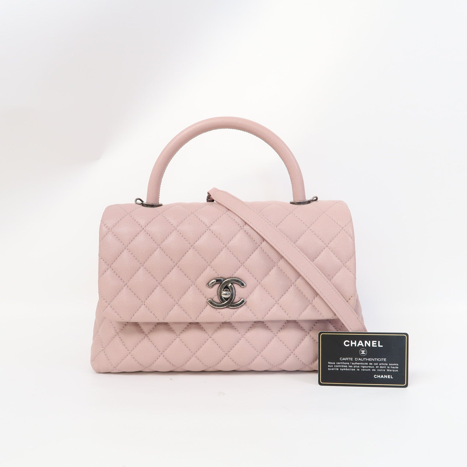 CHANEL 菱格Caviar皮革Coco Handle Chain Shoulder銀扣手挽鏈帶肩背兩用袋粉紅色