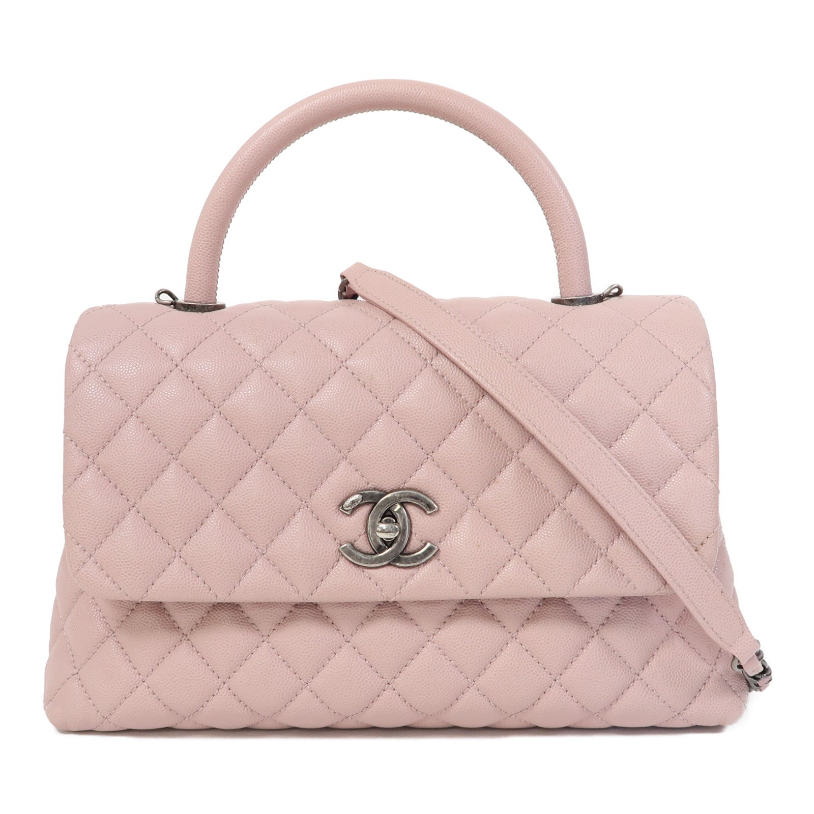 CHANEL 菱格Caviar皮革Coco Handle Chain Shoulder銀扣手挽鏈帶肩背兩用袋粉紅色