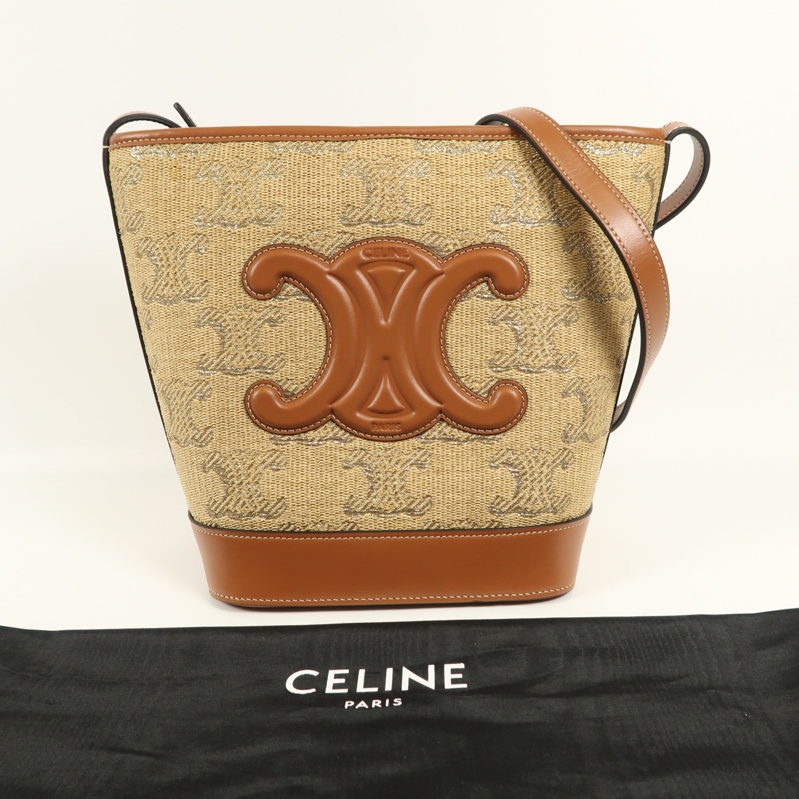 CELINE Raffia Bucket Cuir Triomphe金扣肩背袋