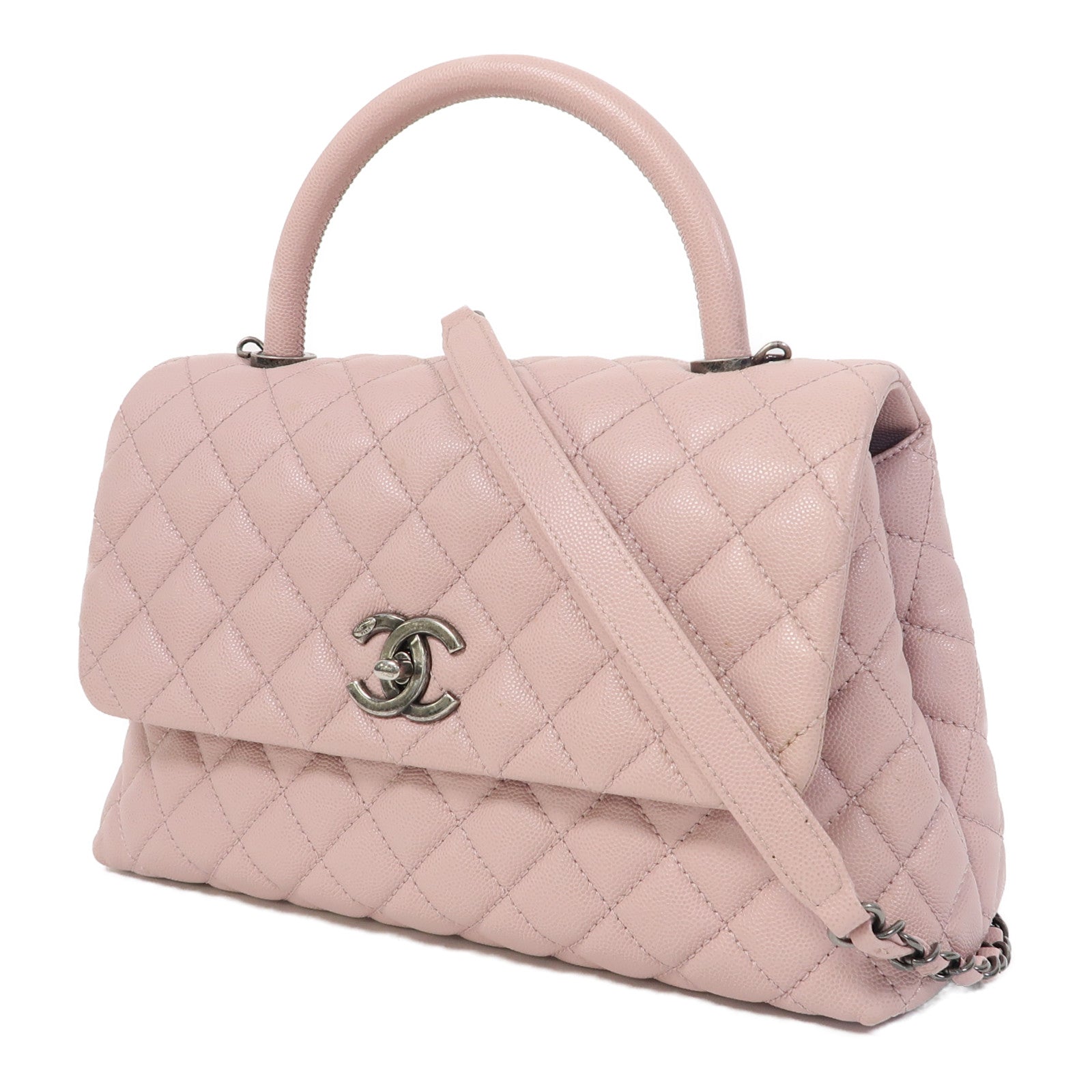 CHANEL 菱格Caviar皮革Coco Handle Chain Shoulder銀扣手挽鏈帶肩背兩用袋粉紅色