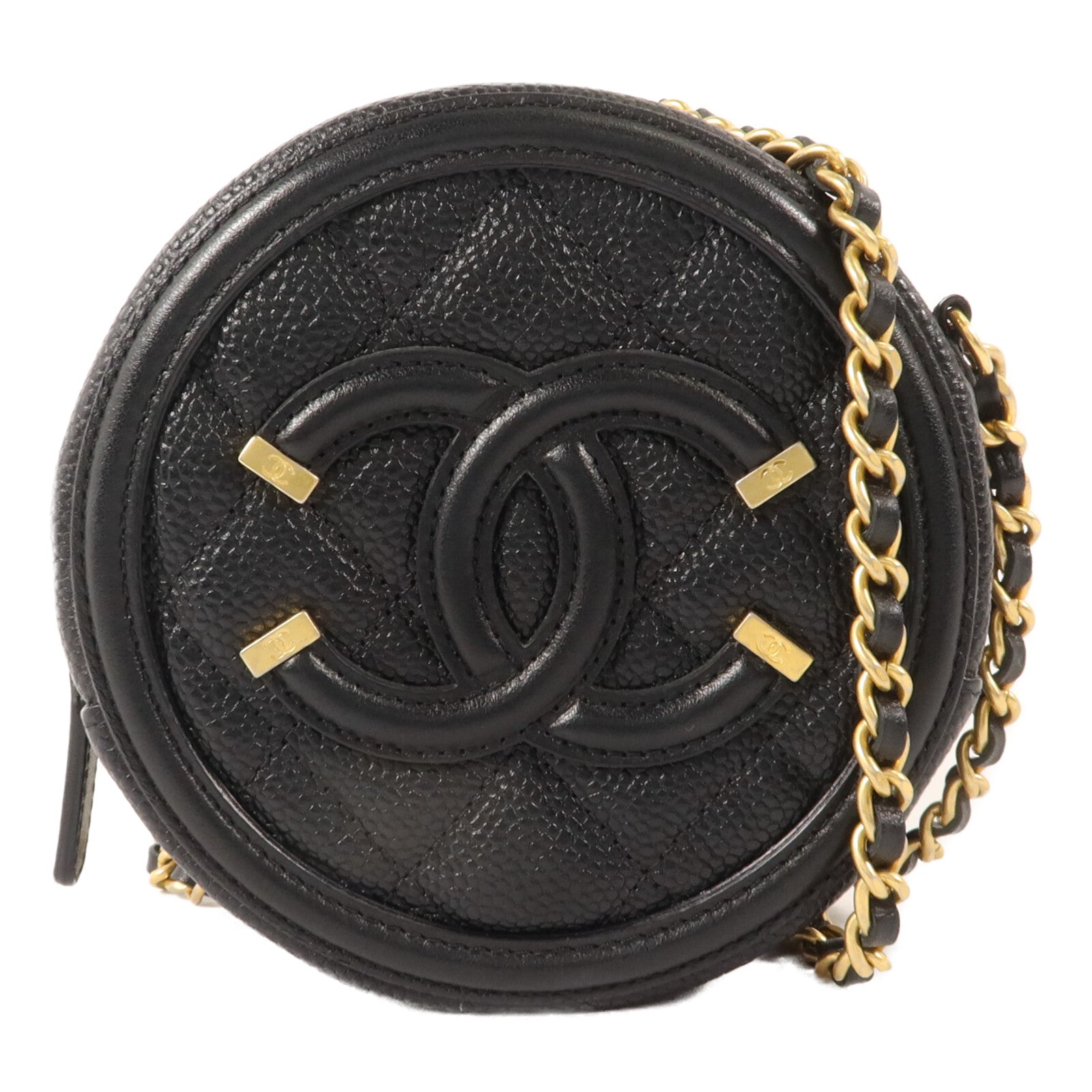 CHANEL 牛皮皮革Round CC Filigree Bag鏈帶肩背袋