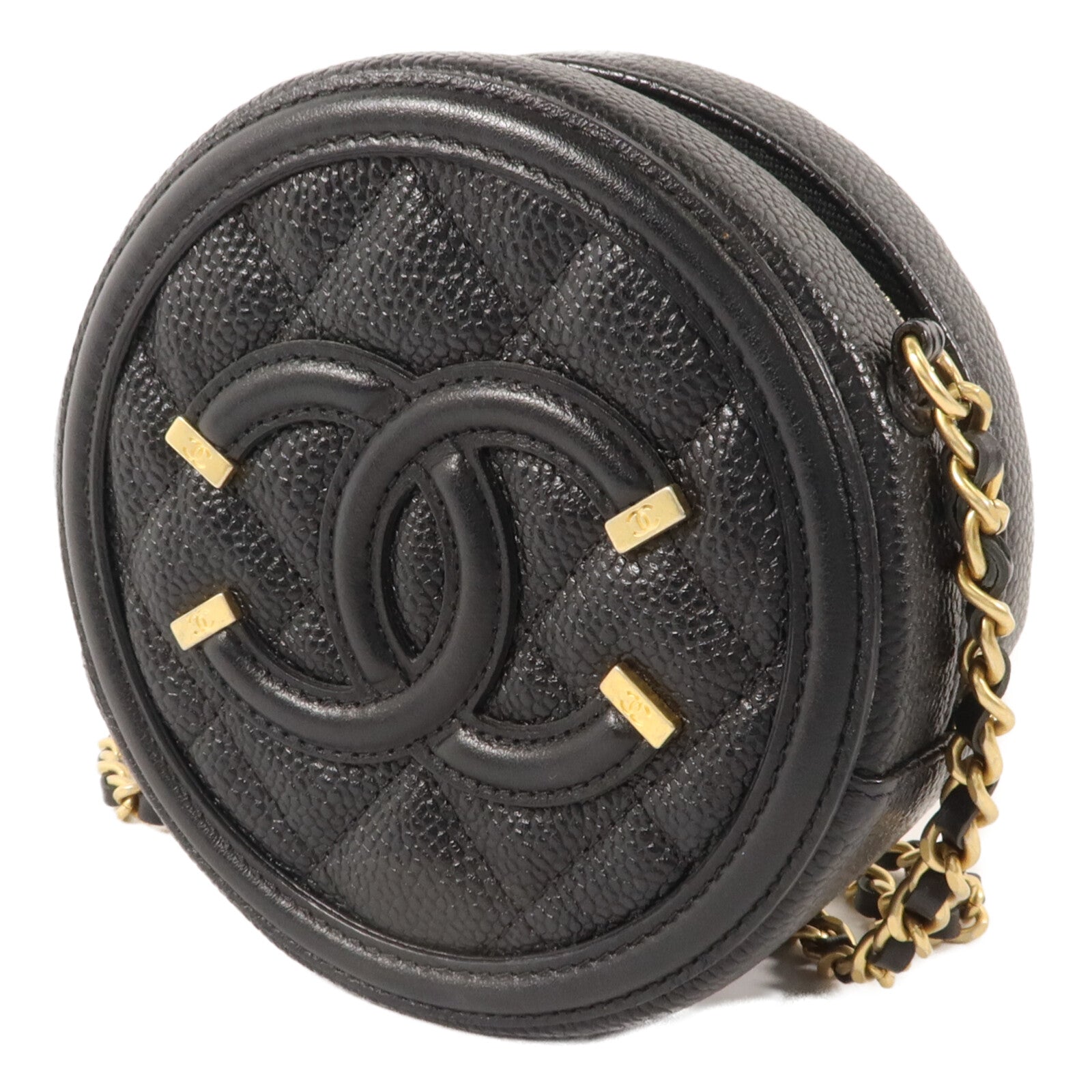 CHANEL 牛皮皮革Round CC Filigree Bag鏈帶肩背袋