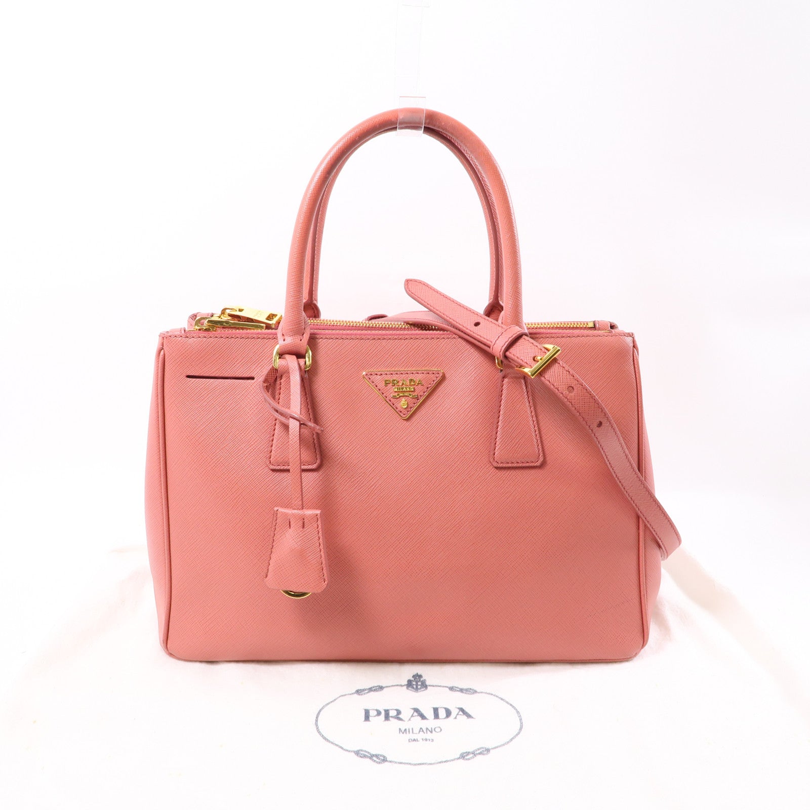 PRADA Saffiano皮革Galleria Medium金扣手挽肩背兩用袋粉紅色