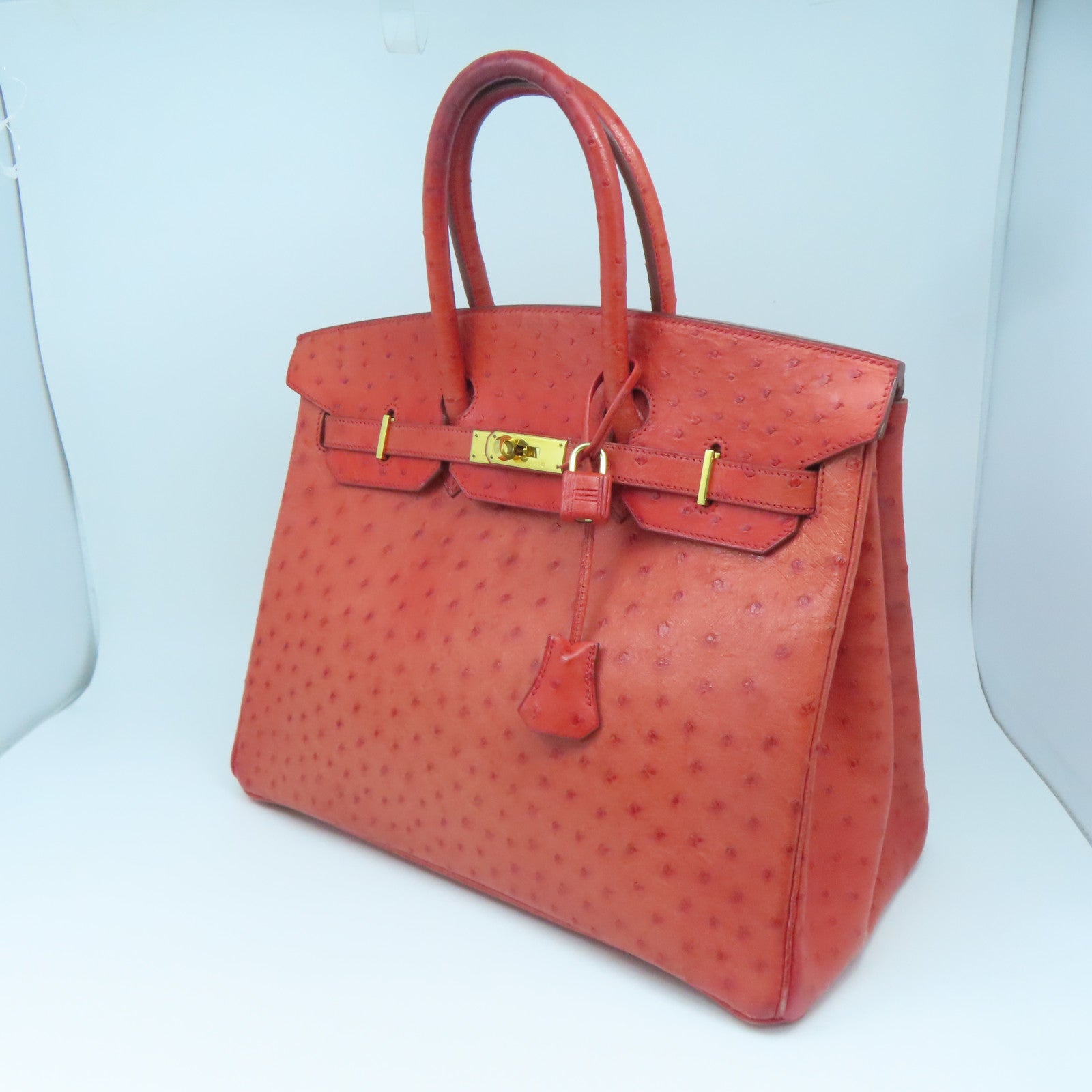 HERMES Ostrich Leather Birkin 35 Gold Buckle Hand Bag Ostrich Red