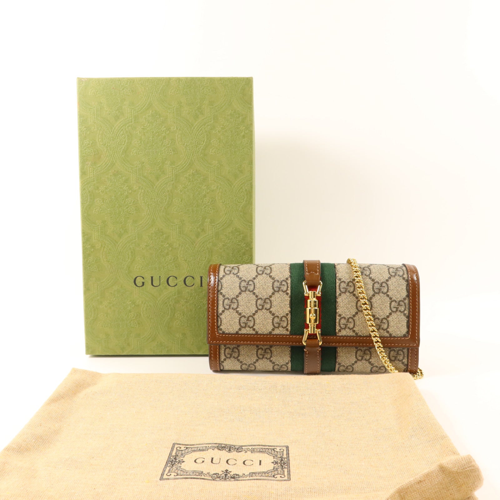 GUCCI 塗層帆布Jackie 1961 Chain Wallet金扣鏈帶肩背袋
