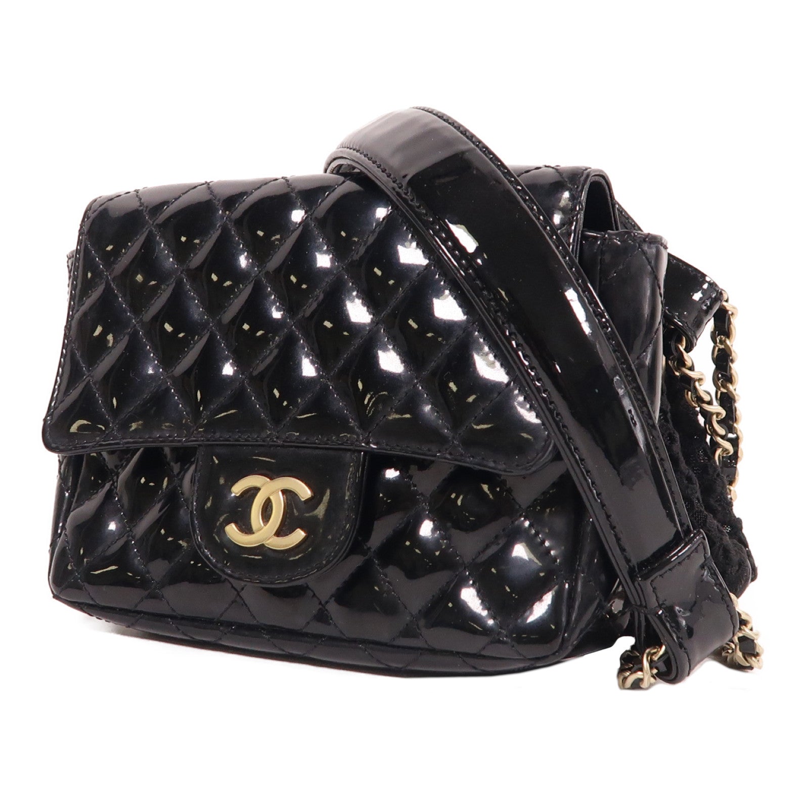 CHANEL 漆皮皮革Chain Shoulder金扣鏈帶肩背袋