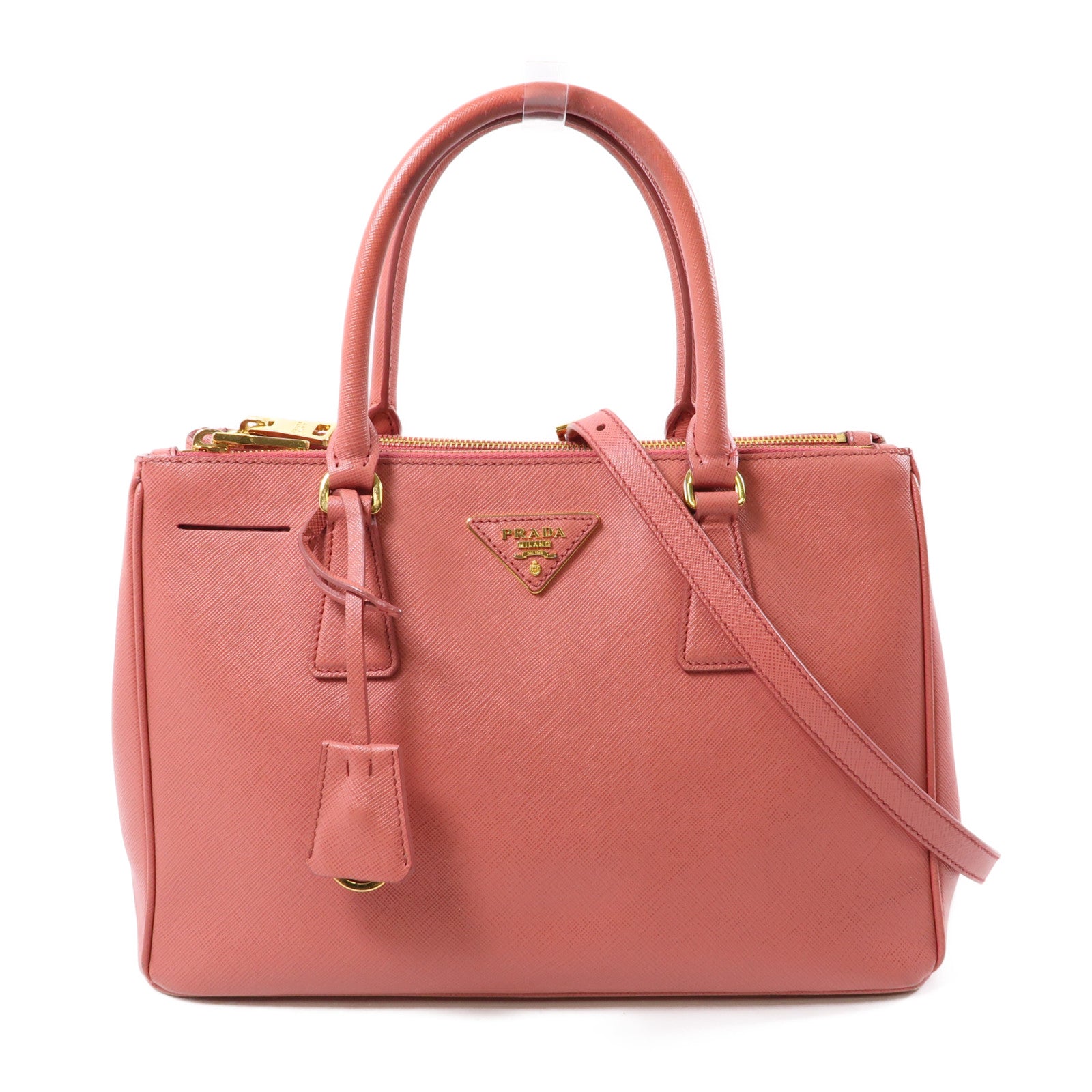 PRADA Saffiano皮革Galleria Medium金扣手挽肩背兩用袋粉紅色