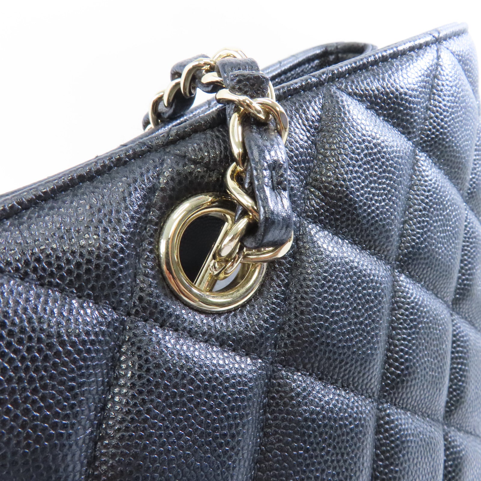 CHANEL 菱格Caviar皮革Chain Shoulder金扣鏈帶肩背袋黑色