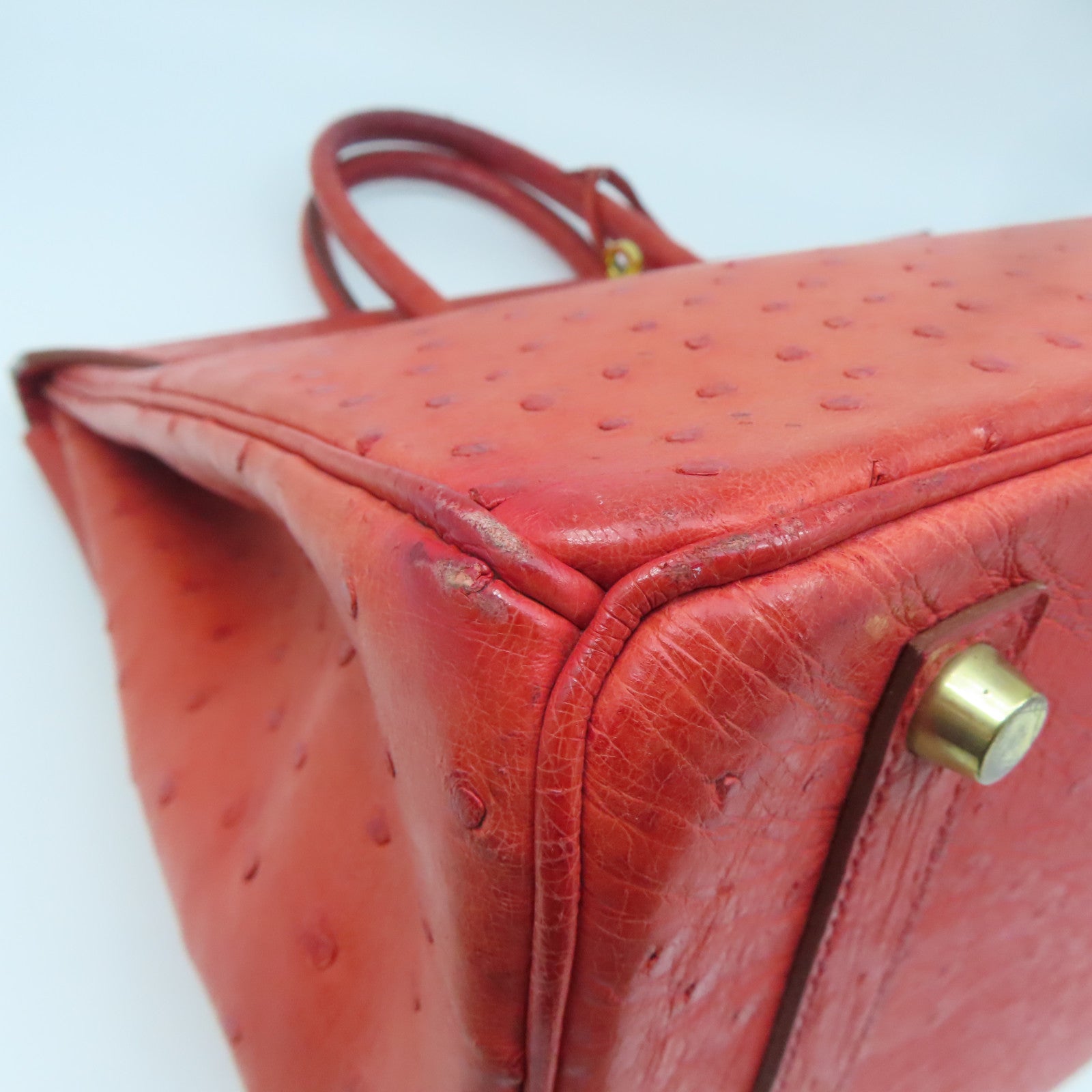 HERMES Ostrich Leather Birkin 35 Gold Buckle Hand Bag Ostrich Red