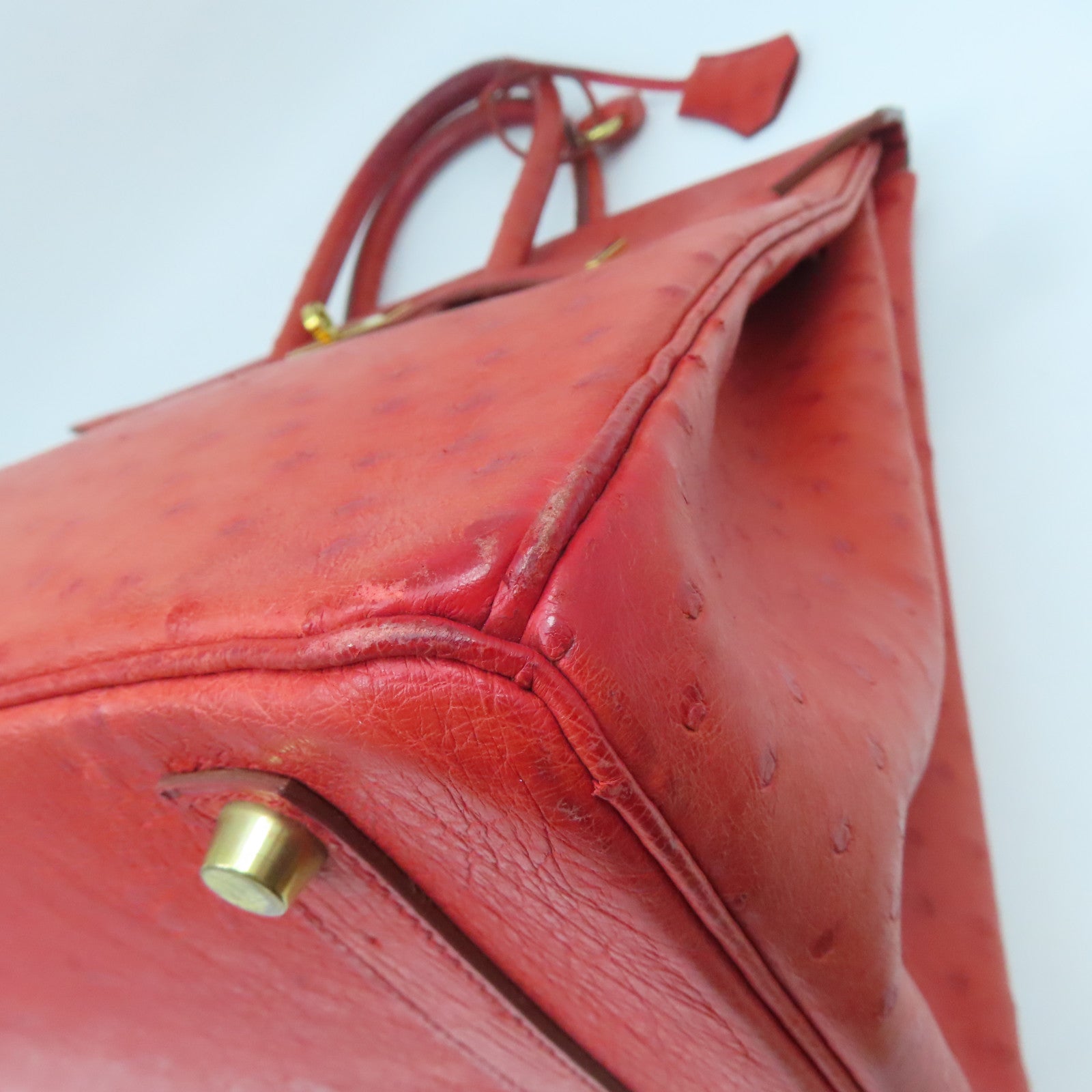 HERMES Ostrich Leather Birkin 35 Gold Buckle Hand Bag Ostrich Red