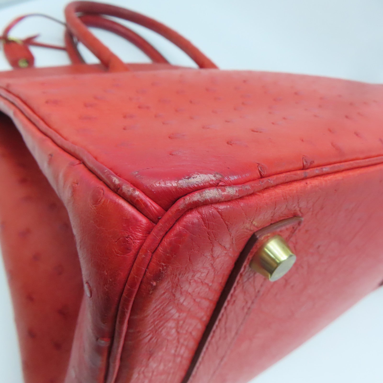 HERMES Ostrich Leather Birkin 35 Gold Buckle Hand Bag Ostrich Red