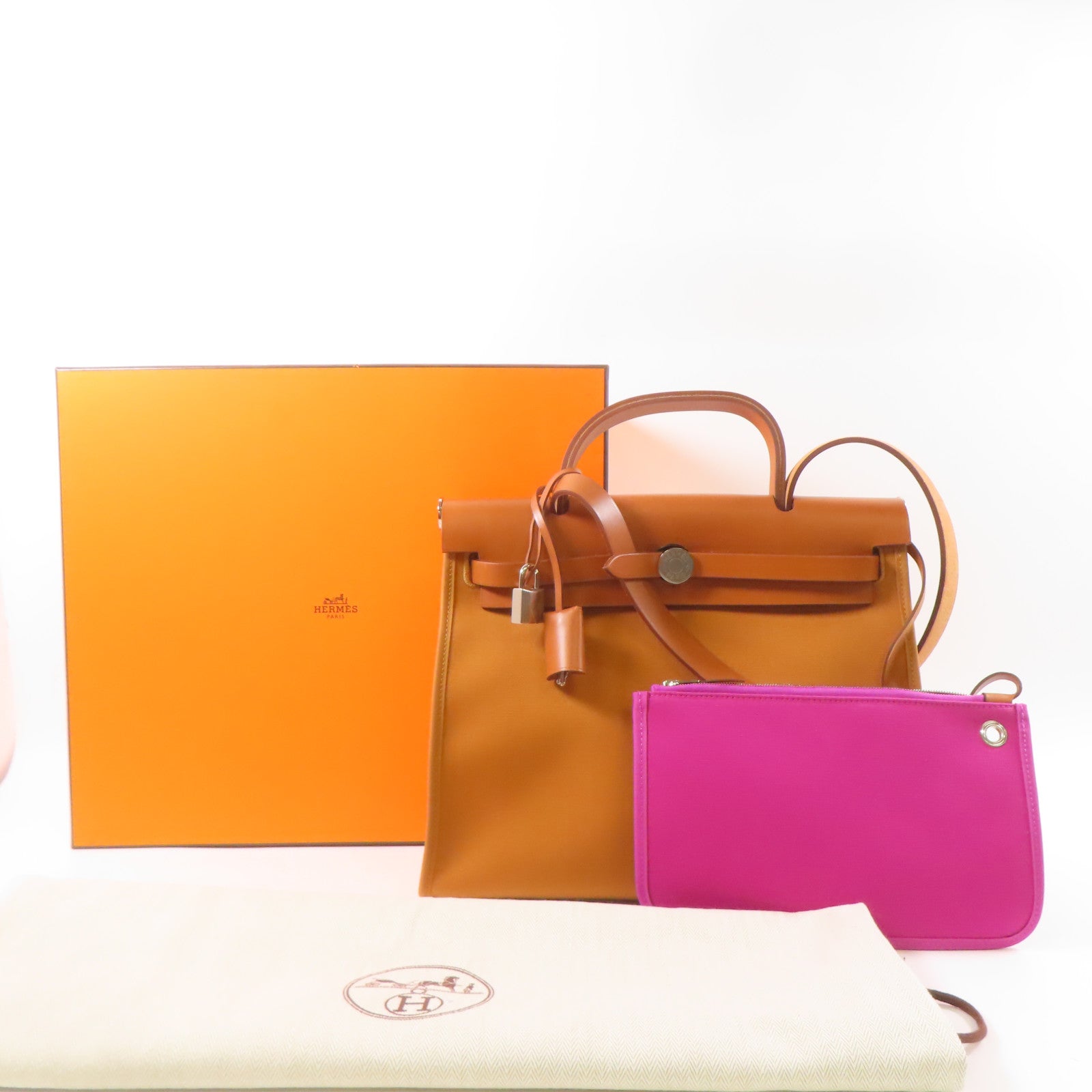 HERMES 帆布/皮革Herbag PM銀扣手挽肩背兩用袋Fauve/啡色