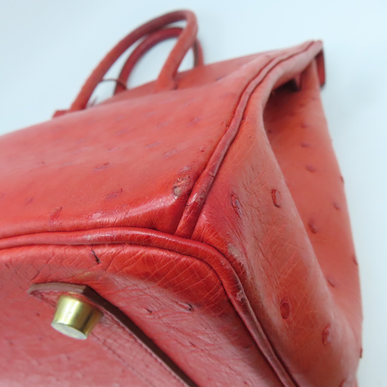 HERMES Ostrich Leather Birkin 35 Gold Buckle Hand Bag Ostrich Red