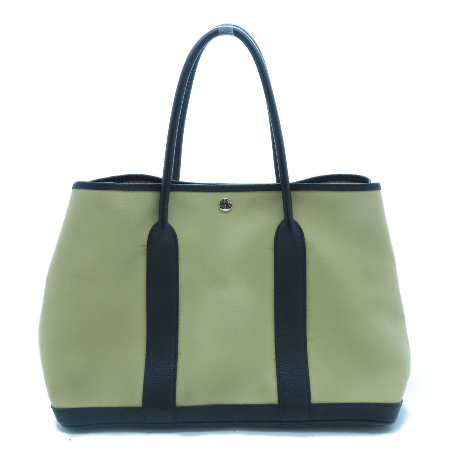 HERMES 【激減優惠】帆布GardenParty PM銀扣手挽袋米色/黑色