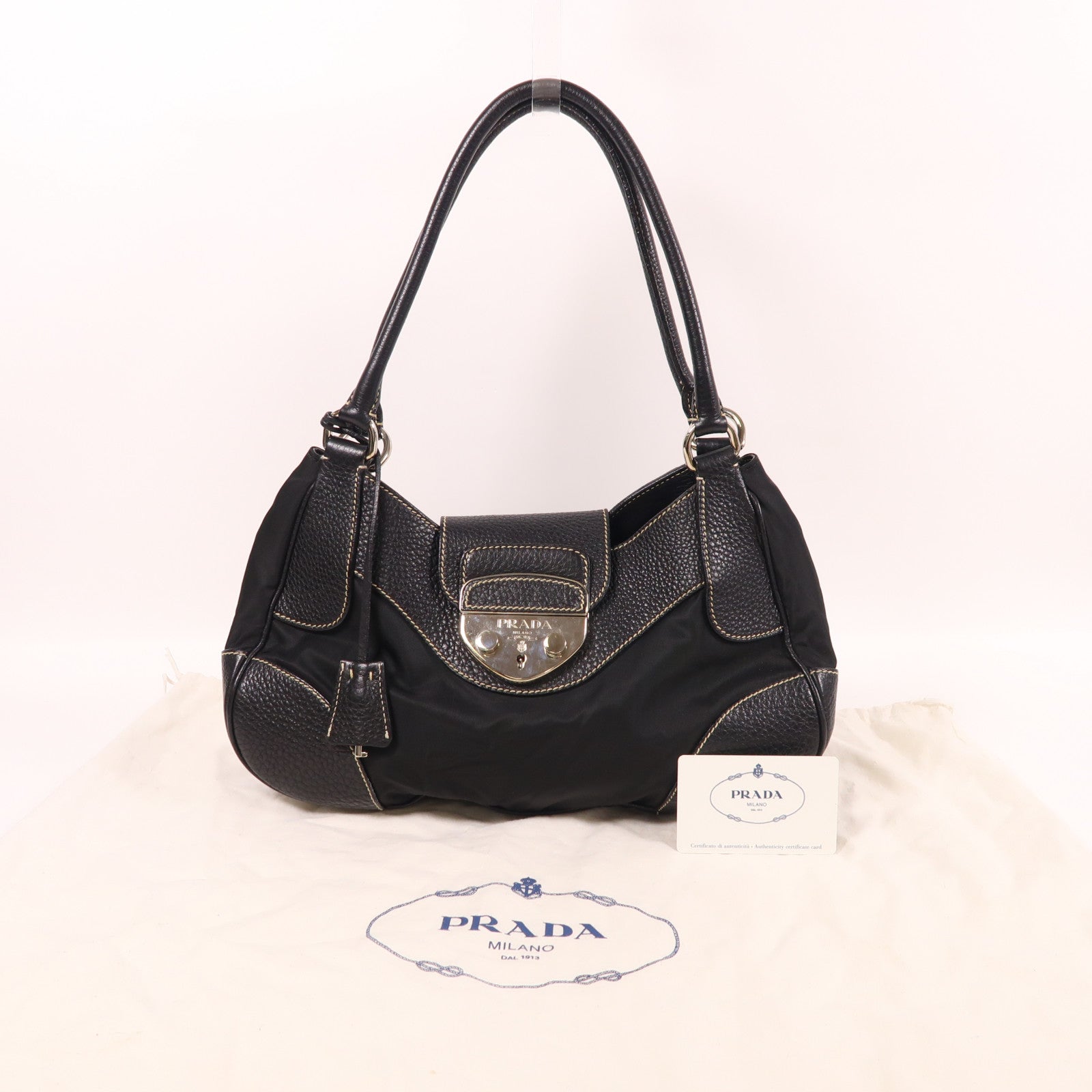 PRADA 尼龍/牛皮皮革Shoulder Bag銀扣肩背袋