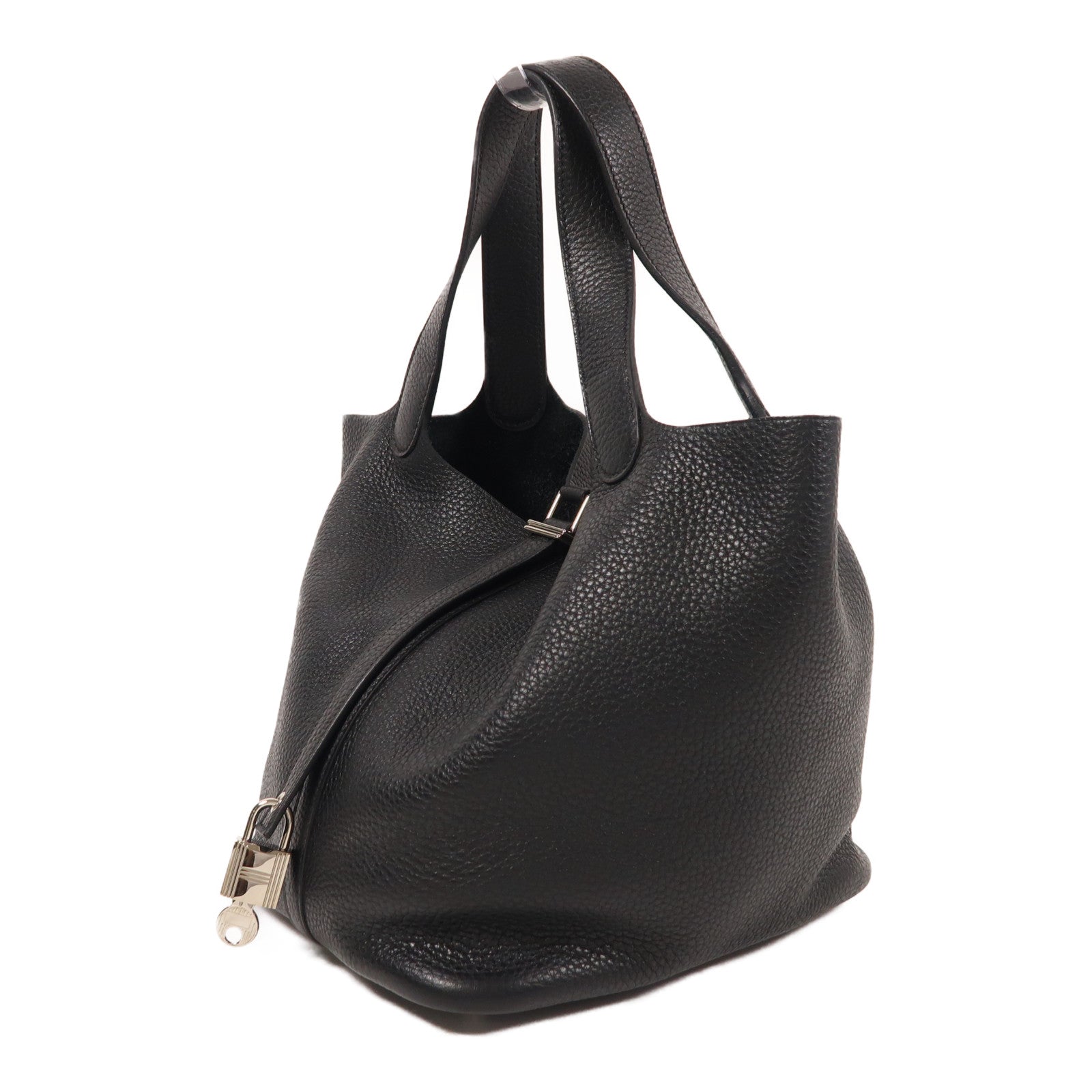 HERMES Clemence皮革Picotin MM銀扣手挽袋Noir