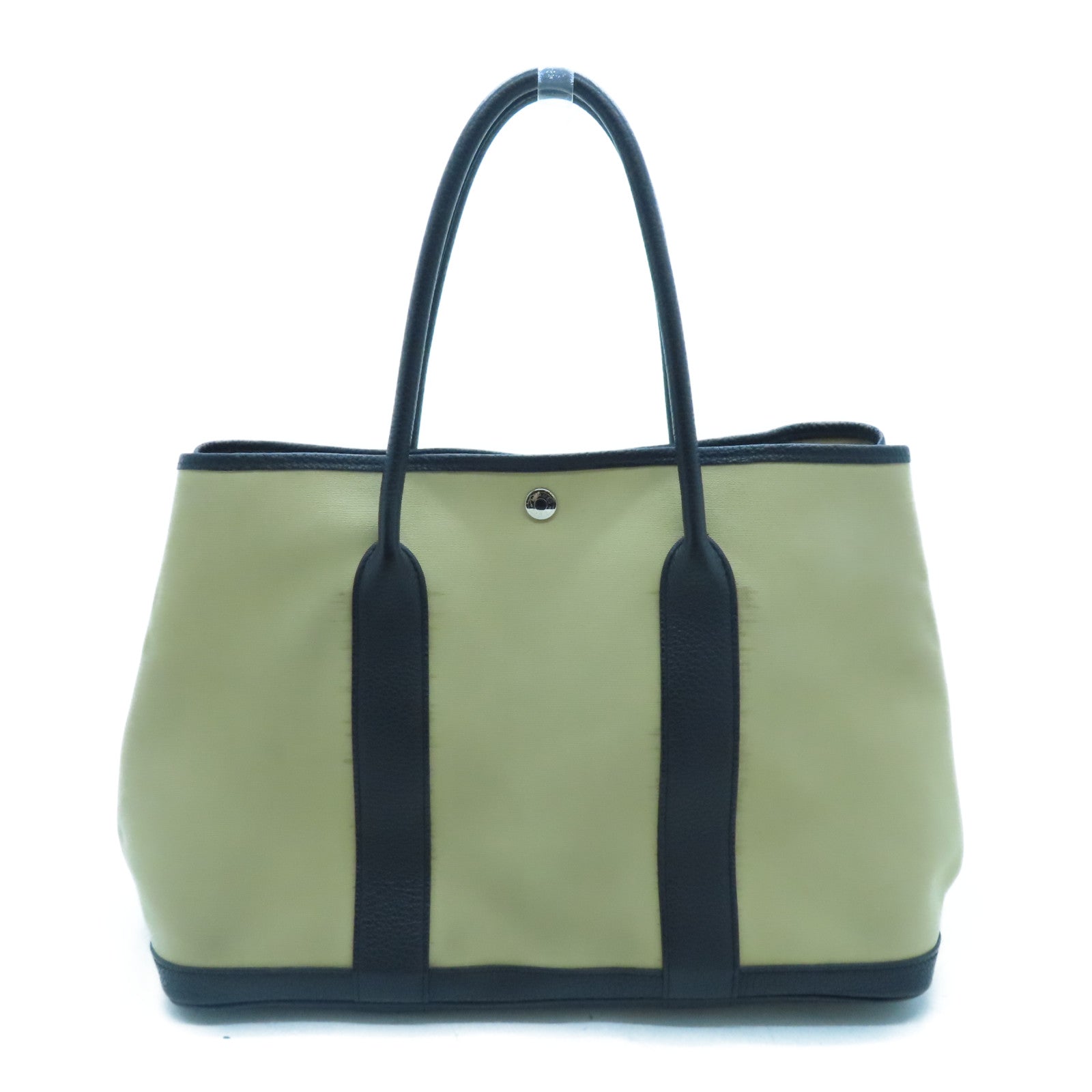 HERMES 【激減優惠】帆布GardenParty PM銀扣手挽袋米色/黑色