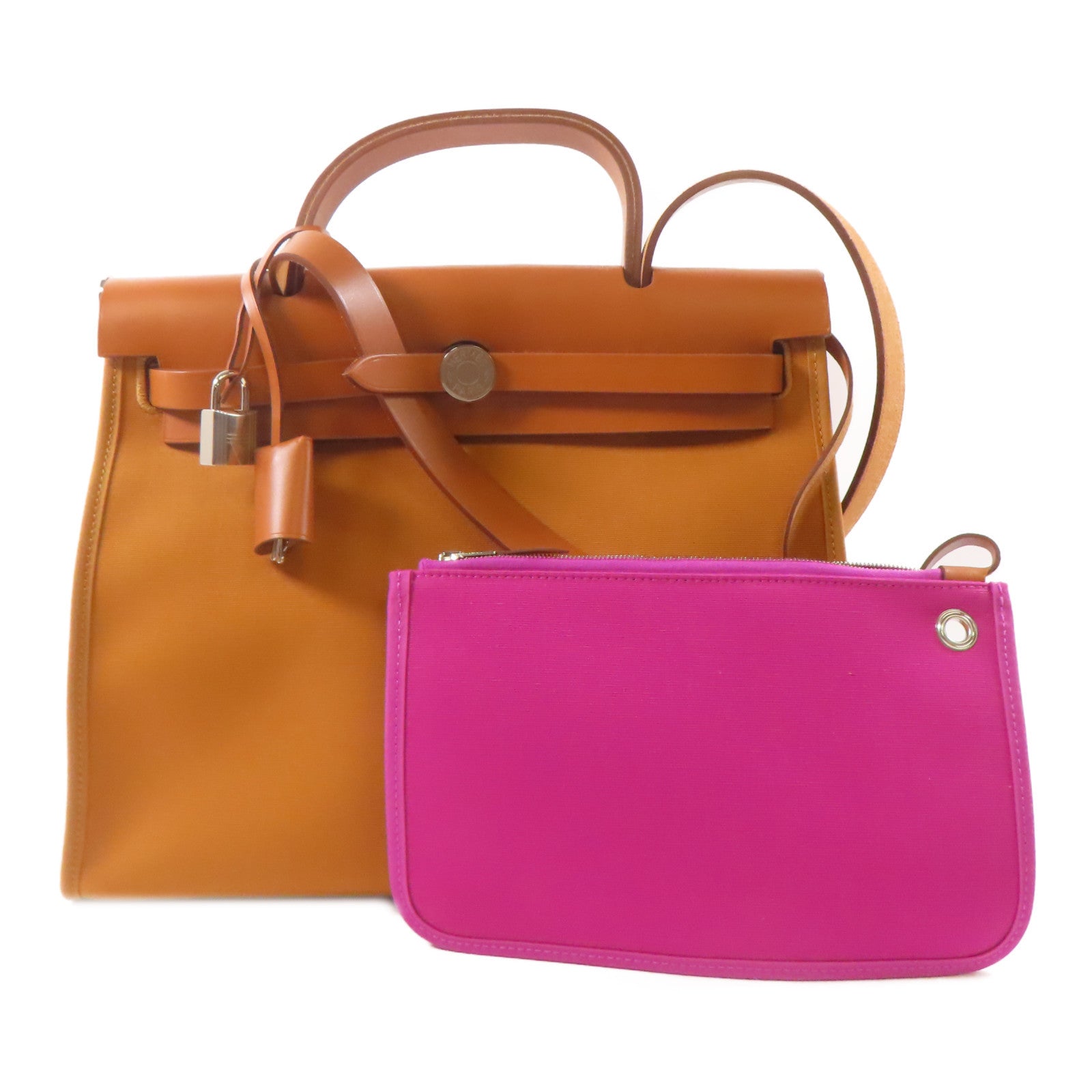 HERMES 帆布/皮革Herbag PM銀扣手挽肩背兩用袋Fauve/啡色
