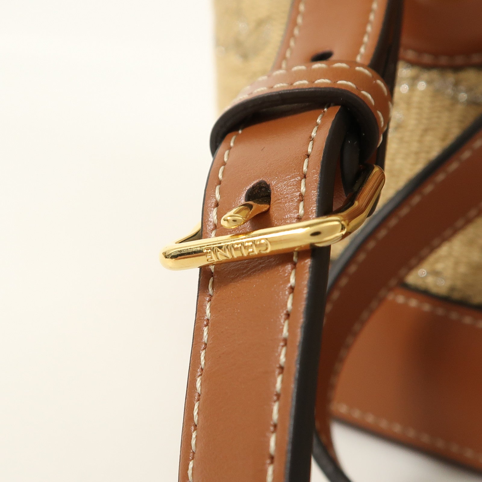 CELINE GHW Bucket Cuir Triomphe Shoulder Bag Raffia/Leather Brown