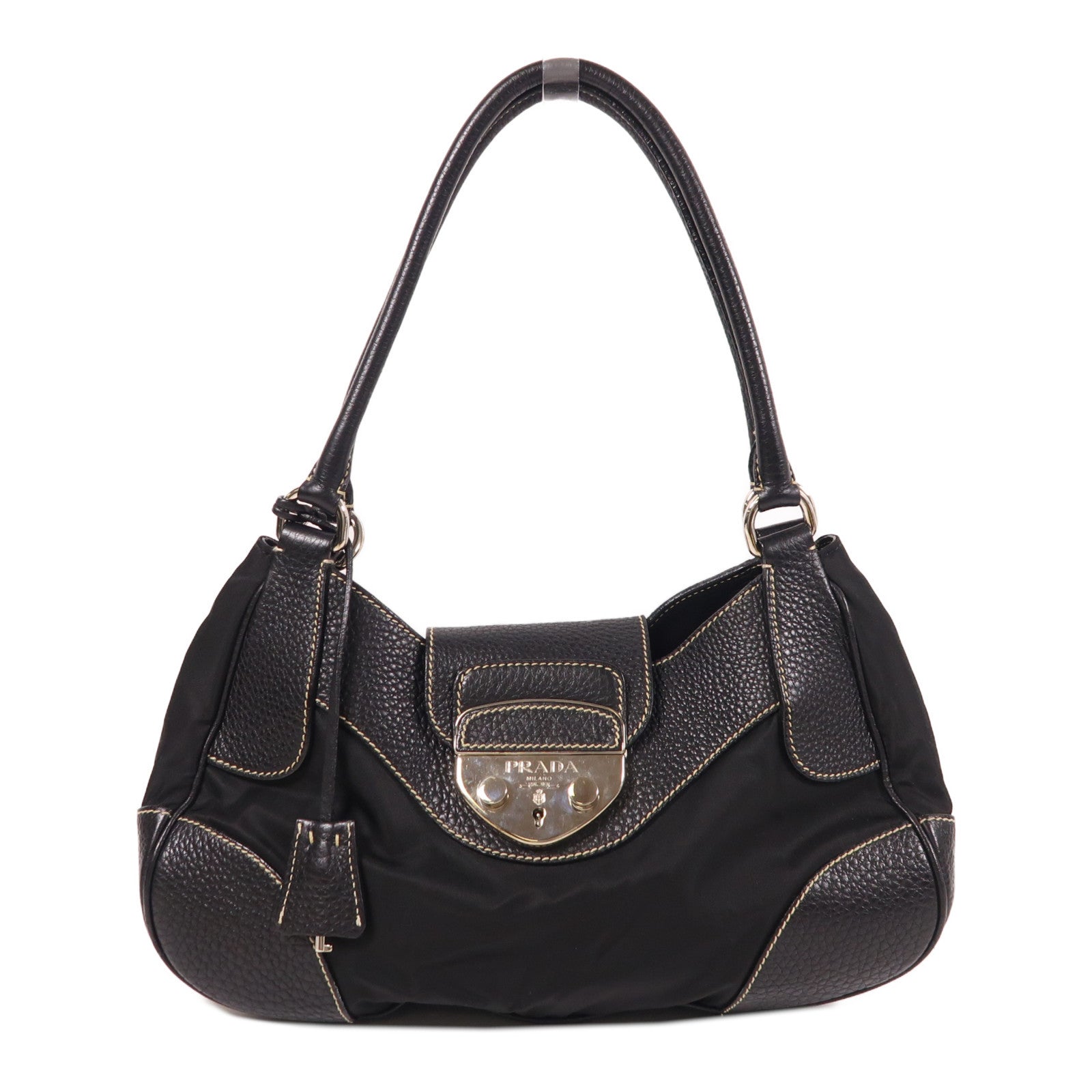 PRADA 尼龍/牛皮皮革Shoulder Bag銀扣肩背袋