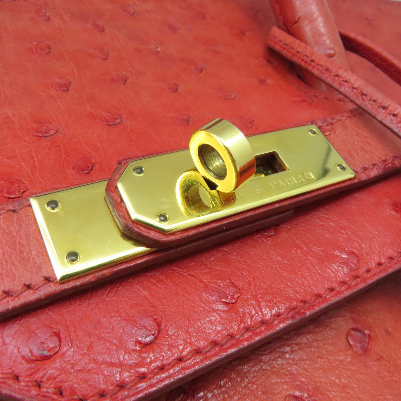 HERMES Ostrich Leather Birkin 35 Gold Buckle Hand Bag Ostrich Red