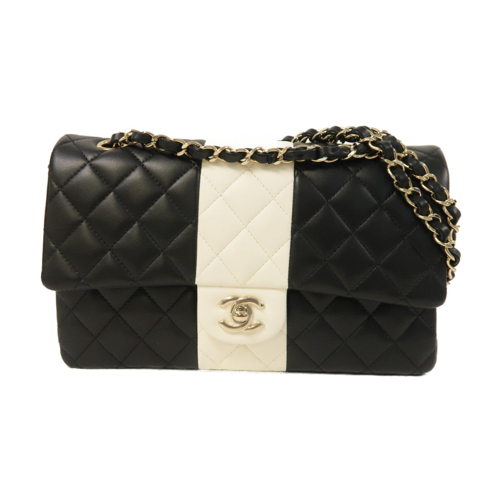 CHANEL 【激減優惠】菱格羊皮皮革Classic 25金扣鏈帶肩背袋黑色/白色