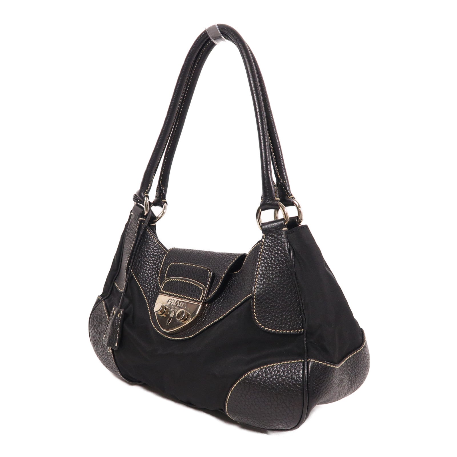 PRADA 尼龍/牛皮皮革Shoulder Bag銀扣肩背袋