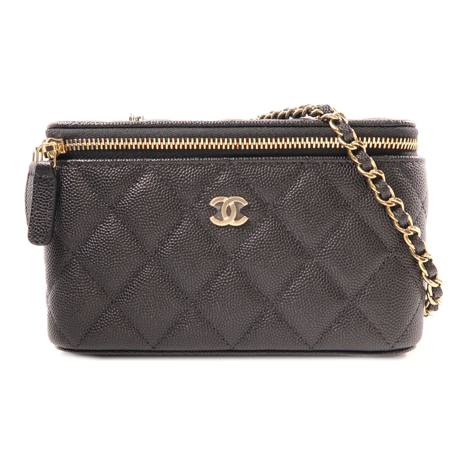 CHANEL 牛皮皮革Vanity Case金扣鏈帶肩背袋黑色